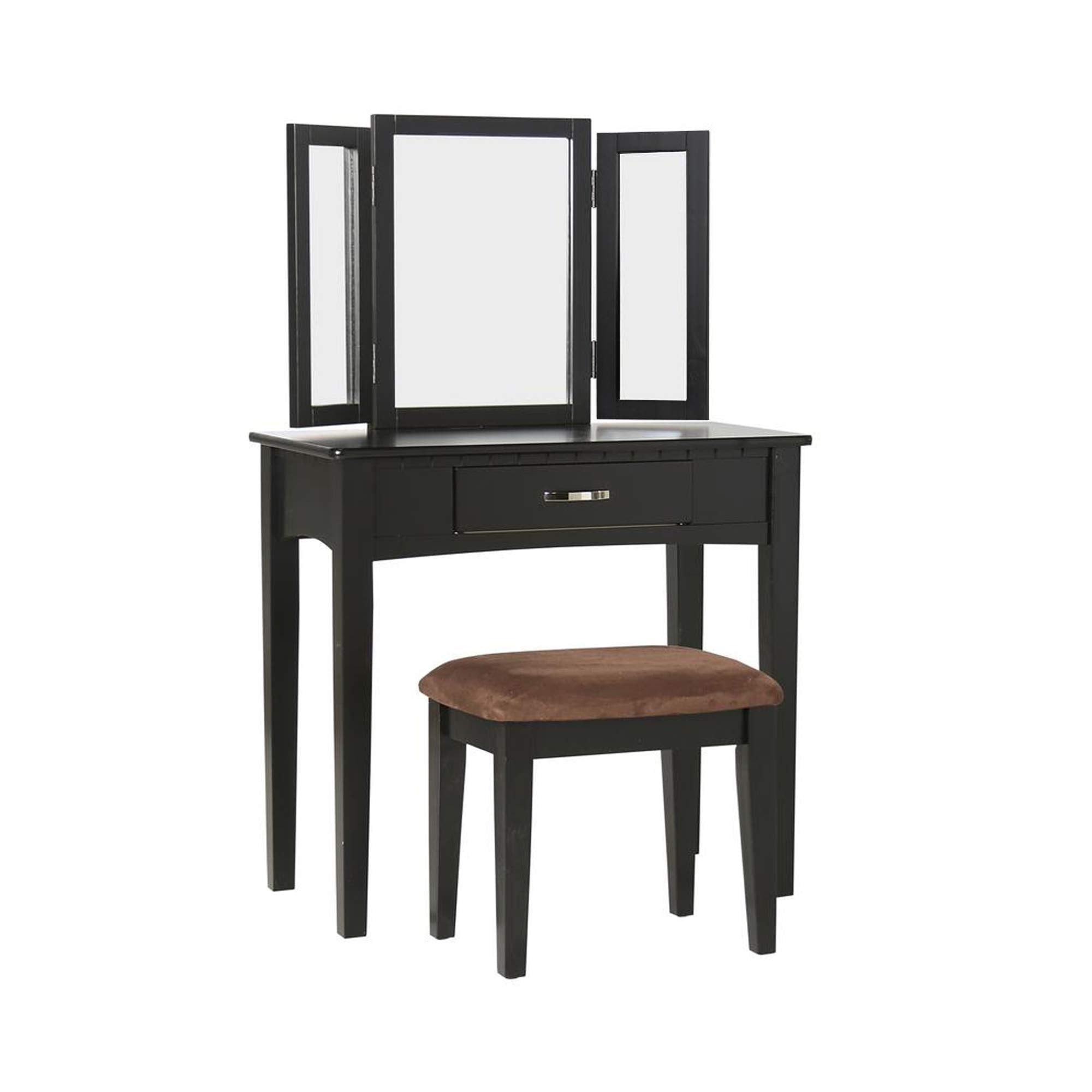 Benjara Wooden Vanity Set with Three Sided Mirror and Padded Stool, Black,
