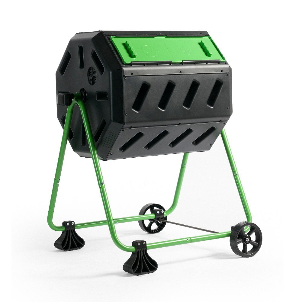 FCMP Outdoor HOTFROG Mobile Dual Chamber Tumbling Composter with Wheels  Outdoor Rotating Garden Compost Bin (HFIM4000WK) Bla
