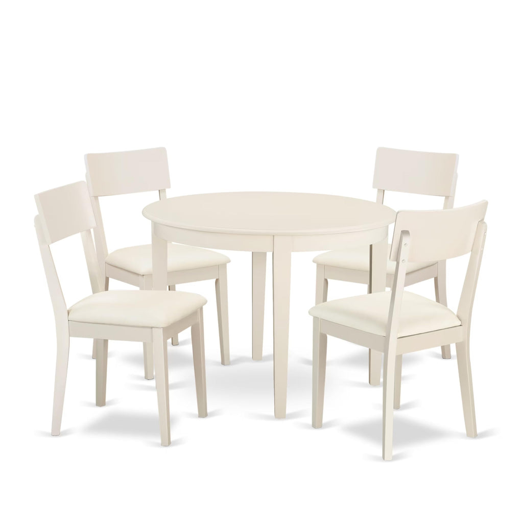East West Furniture BOAD5-LWH-LC 5 Piece Dining Room Furniture Set Includes a Round Kitchen Table and 4 Faux Leather Upholstered Dining Chairs, 42x42 Inch, Linen White
