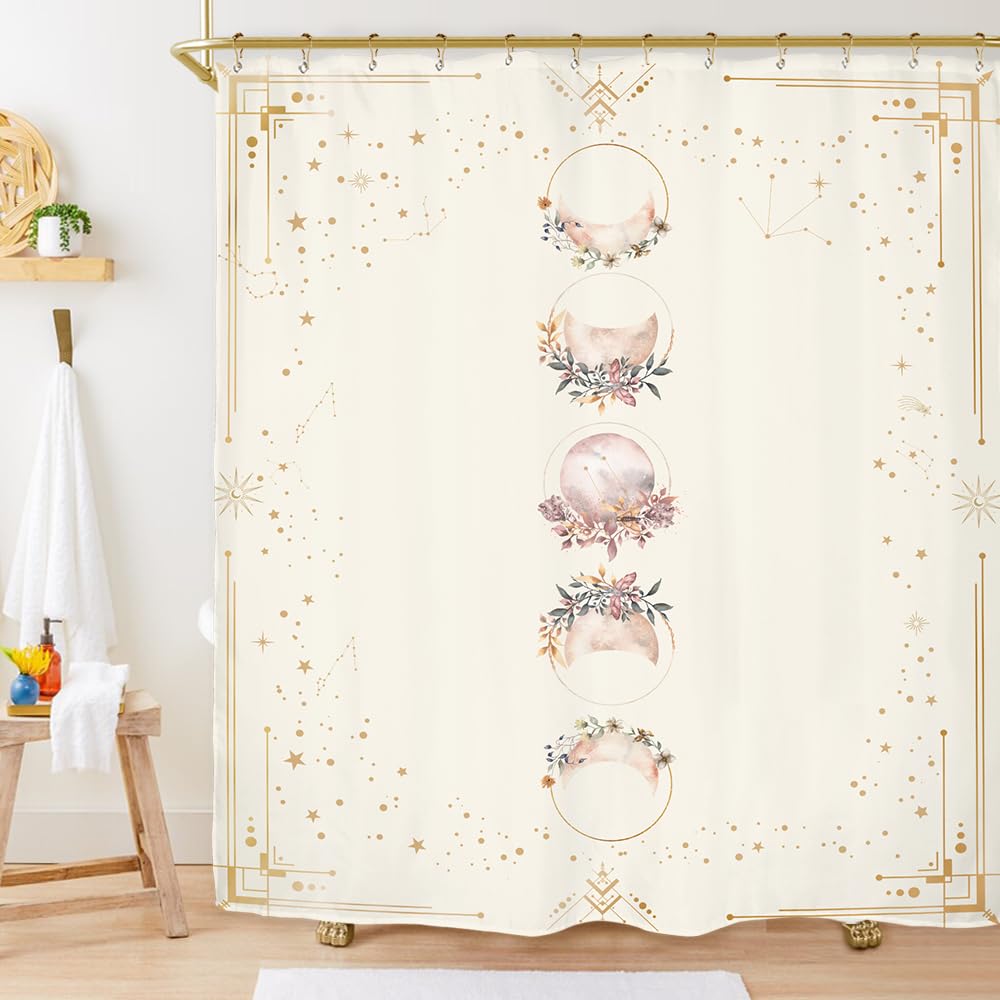 Miyotaa Moon Phase Celestial Moonlit Gothic Shower Curtain Set 60Wx71H Inches Zodiac Constellation Astrology Tarot Witch Floral 