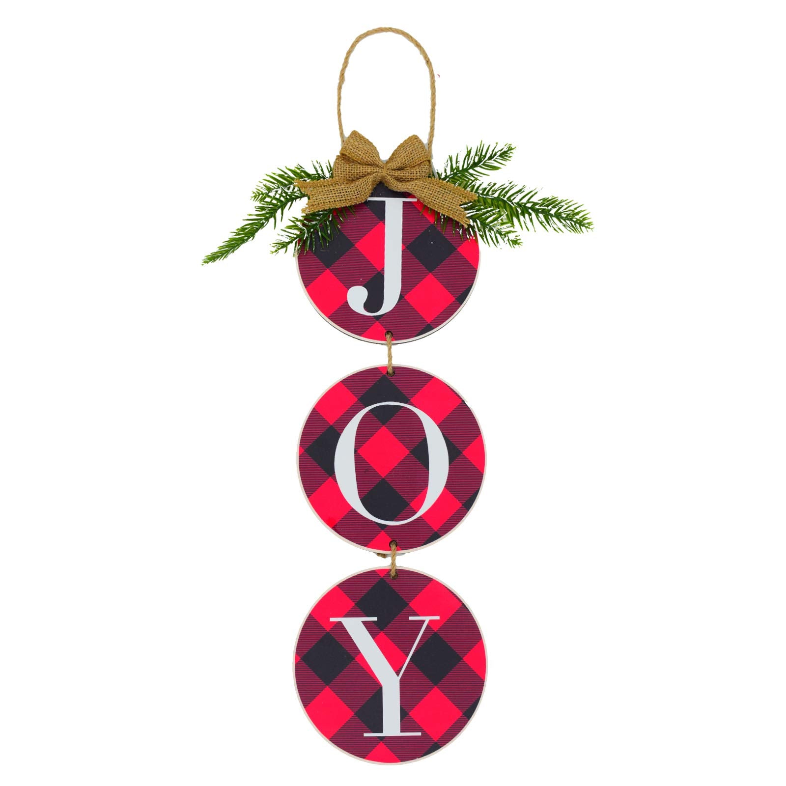 LaZimnInc Christmas Decoration JOY Wall Sign, Buffalo Check Plaid Wreath for Front Door Rustic Burlap Wooden Christmas Ornaments