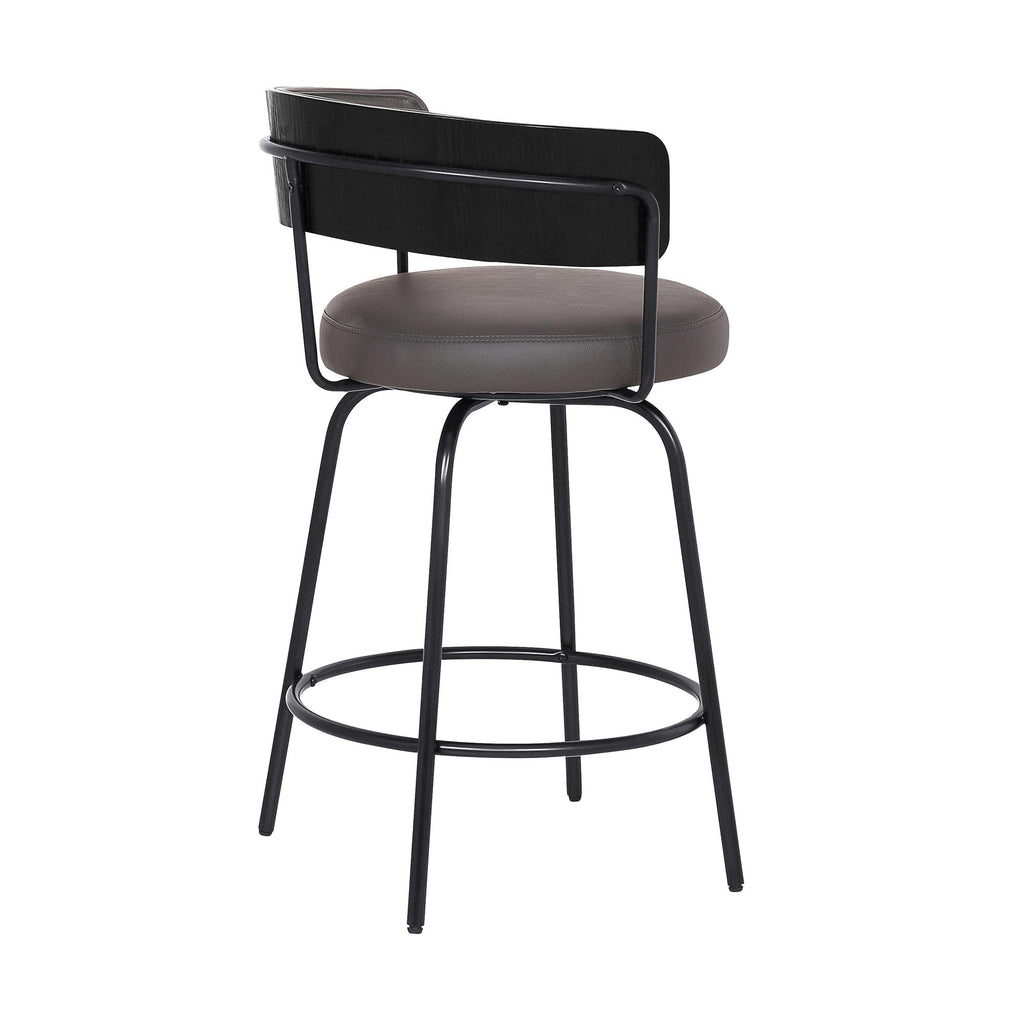 HomeRoots Black Steel,Faux Leather,Plywood 26' Gray Faux Leather Modern Swivel Bar Stool