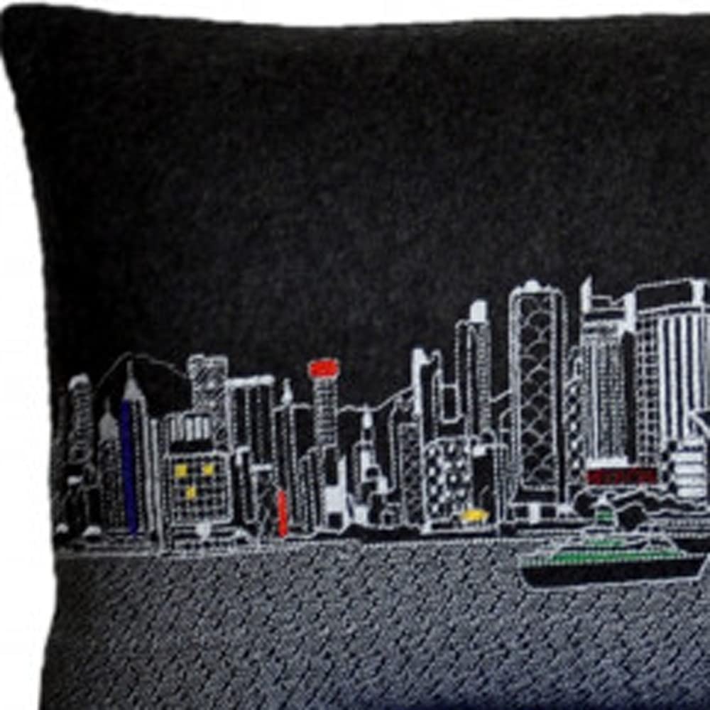 HomeRoots Grey 45' Black Hong Kong Nighttime Skyline Lumbar Decorative Pillow