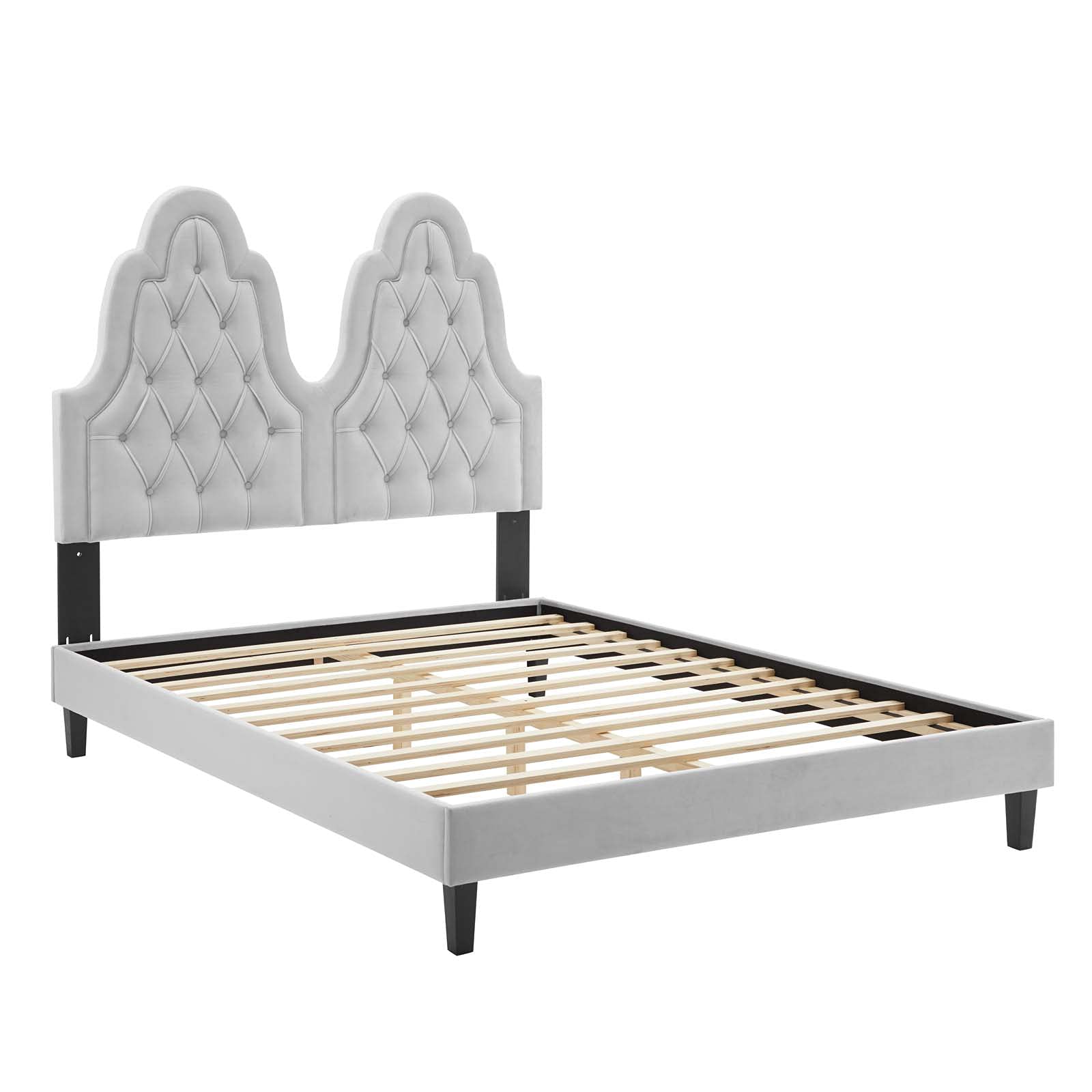 Modway Alexandria Tufted Performance Velvet Platform Bed with Black Wood Legs, Twin, Light Gray