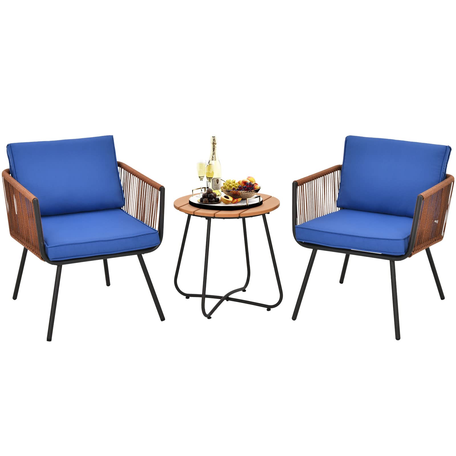 Tangkula 3 Pieces Patio Bistro Set, Outdoor Conversation Chair Set With Coffee Table, Modern Furniture Set With Soft Cushions, Suitable For Porch Backyard Garden Poolside (Navy Blue)