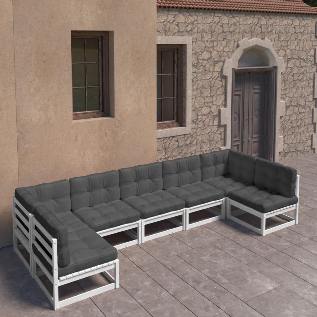 vidaXL Solid Pinewood Patio Lounge Set 7 Piece with Cushions Outdoor Garden Terrace Yard Furniture Wooden Lounge Sofa Set Seat Seating White