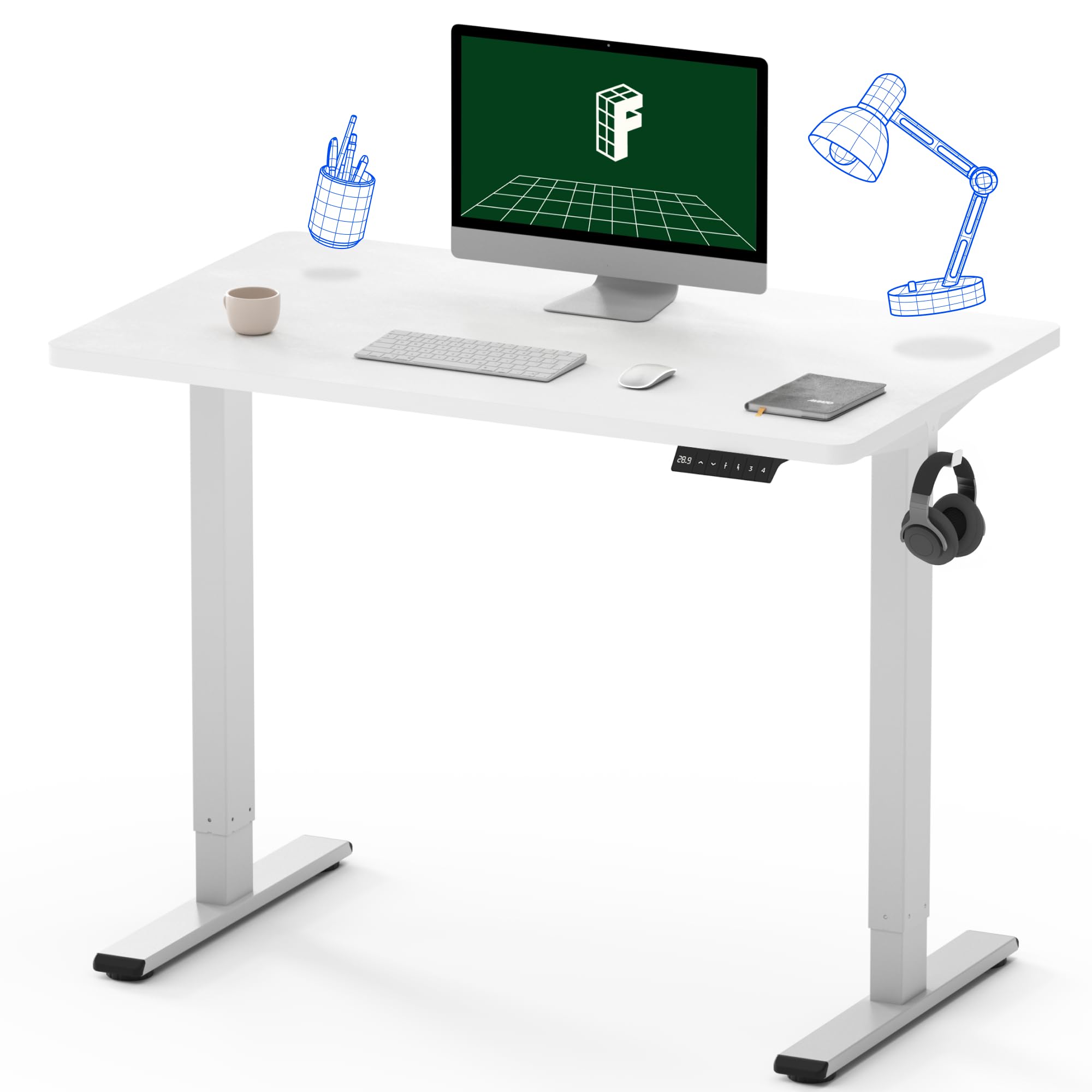 Flexispot En1 Electric Small Standing Desk 40 Inches Adjustable Height Desk For Bedroom Whole-Piece Desk Ergonomic Memory Controller White Table (White Frame + 40' White Top)