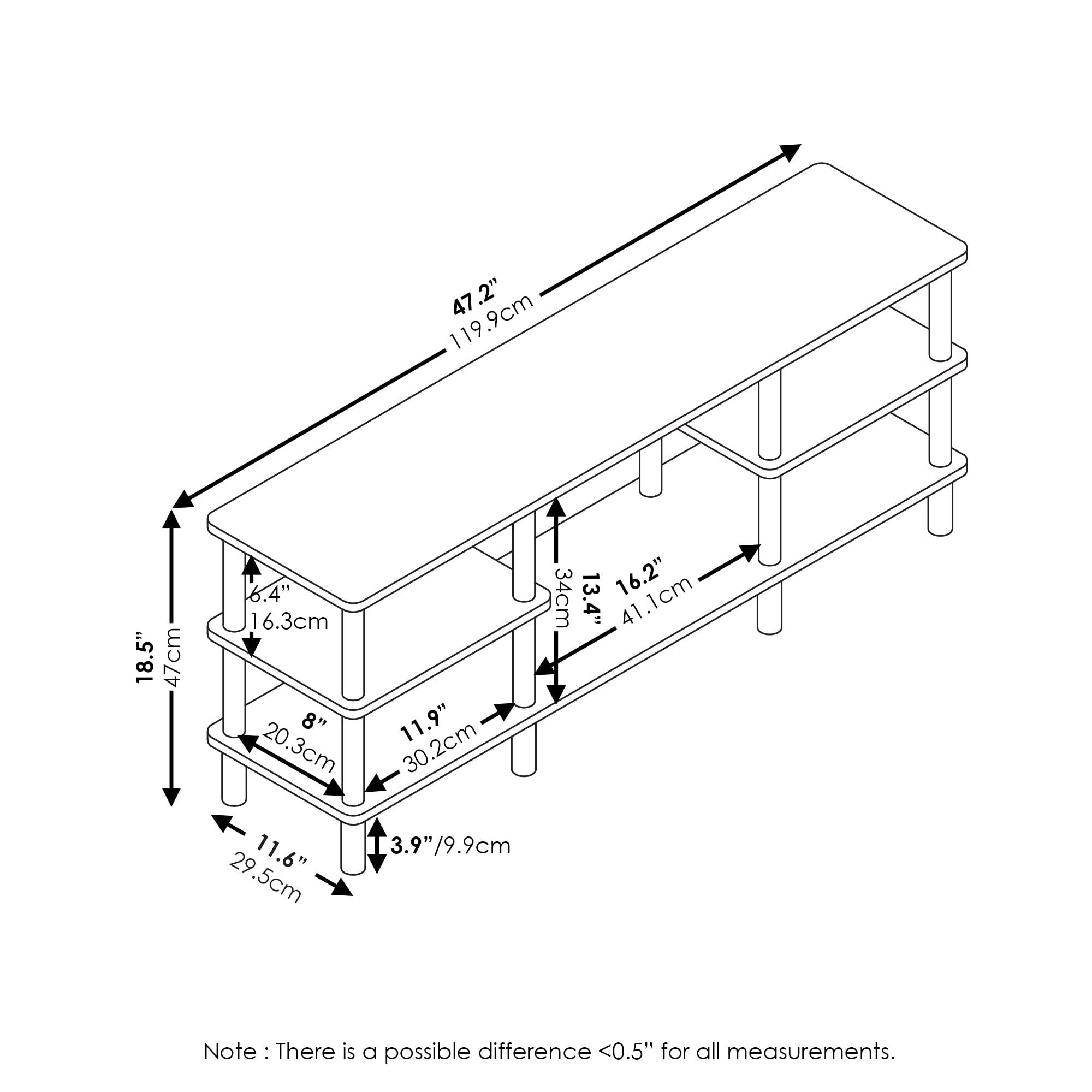 Furinno Turn-N-Tube 3-Tier Multipurpose Wide Shelf Tv Stand, French Oak Grey/Black