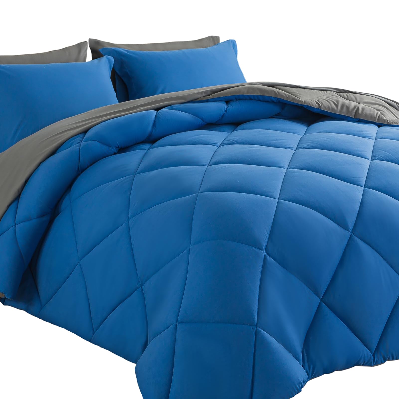 Cosybay Bed In A Bag King Comforter Sets 7Pcs All Season Solid Down Alternative Bedding Sets Blue And Grey With Comforter, Pillo