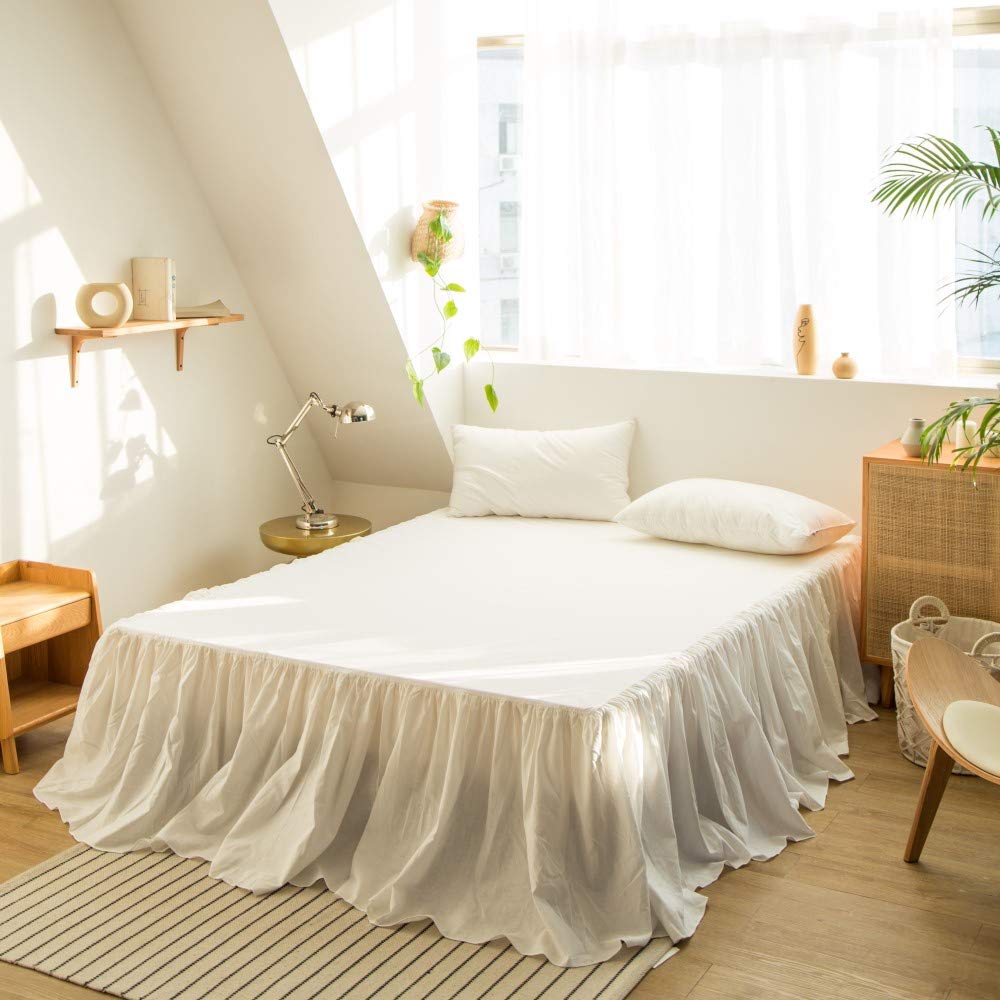Biselina French Linen Bed Skirt With Pleated Frills 22-Inch Tailored Drop Natural Flax Cotton Blend Dust Ruffle Soft Cozy Farmho