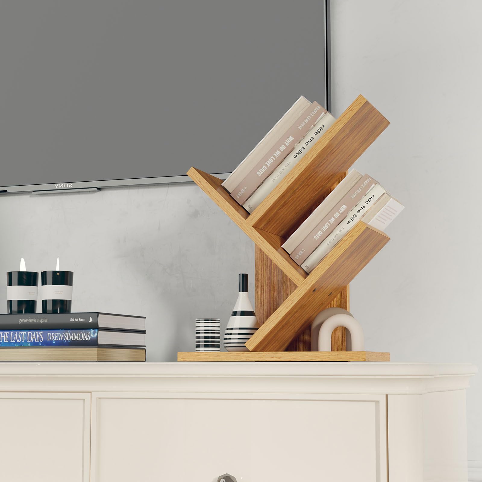 Ymyny 2 Tier Tree Bookshelf, Small Bookcase, Modern Wood Book Storage Rack Organizer, Freestanding Book Shelf For Books/Movies/Cds, Display Rack For Bedroom, Home Office, Natural Uhbc012N