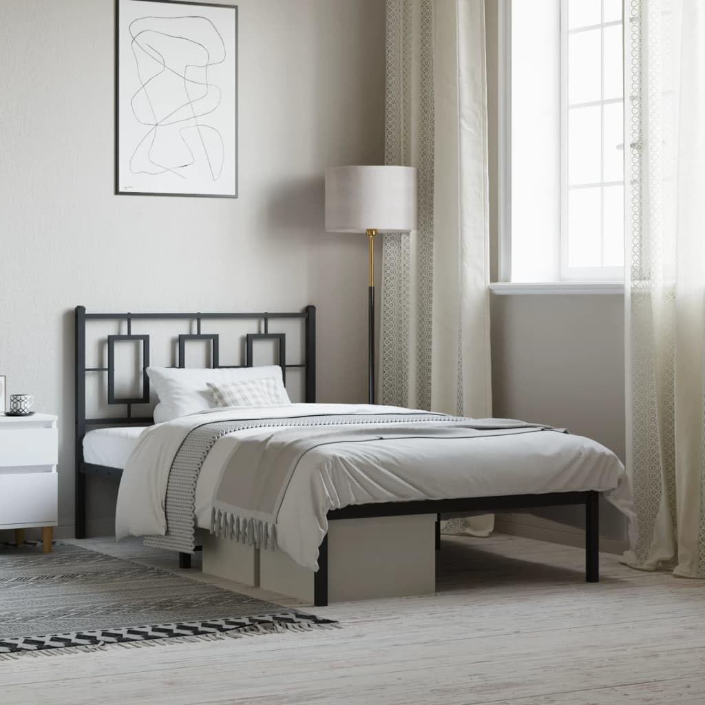 vidaXL Metal Single Bed Frame - Black Steel, Supportive Slats, Elevated Design for Storage, Headboard Included, Fits 39.4"x78.7" Mattress