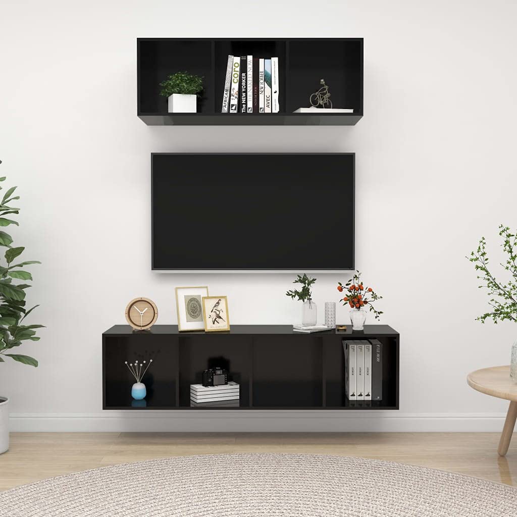 vidaXL High Gloss Black 2 Piece TV Stand Set with Ample Storage, Wall-Mounted Design, Ideal for Displaying Items and Easy to Clean, Made of Engineered Wood
