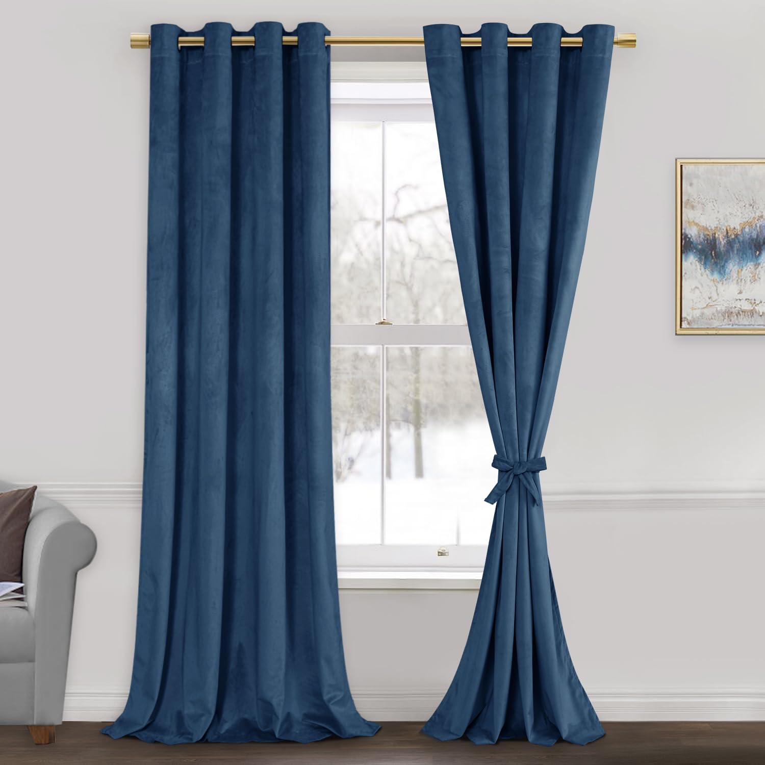 Jiuzhen Navy Velvet Curtains 96 Inches Blackout Curtains For Living Room -Thermal Insualted Room Darkening Grommet Thick Velvet