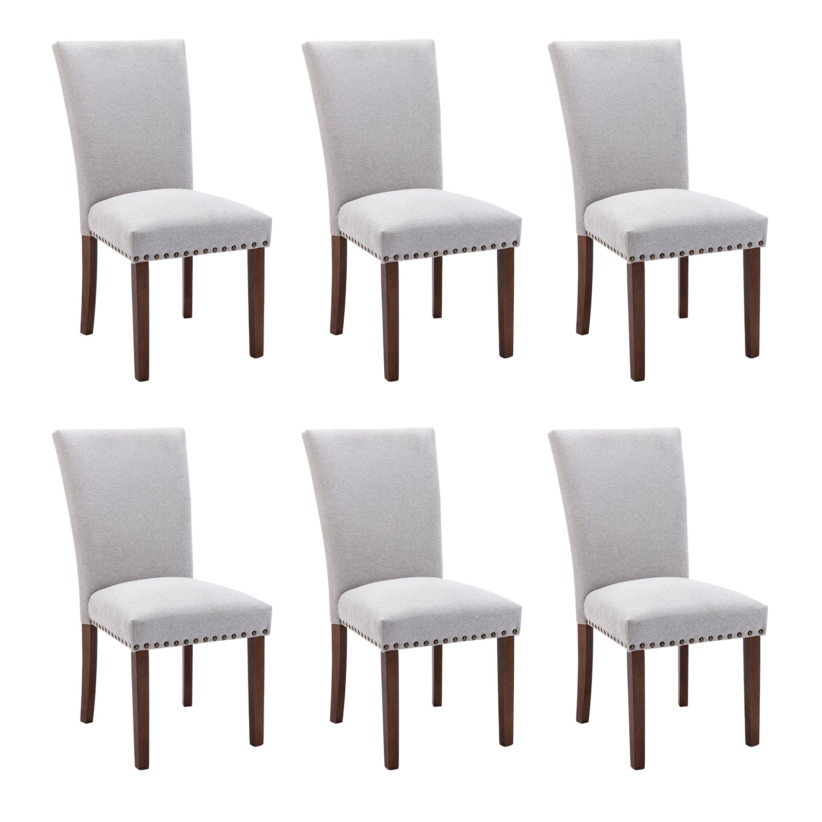 COLAMY Parsons Dining Chairs Set of 6, Upholstered Fabric Dining Room Kitchen Chair with Nailhead Trim and Wood Legs - Light Gre