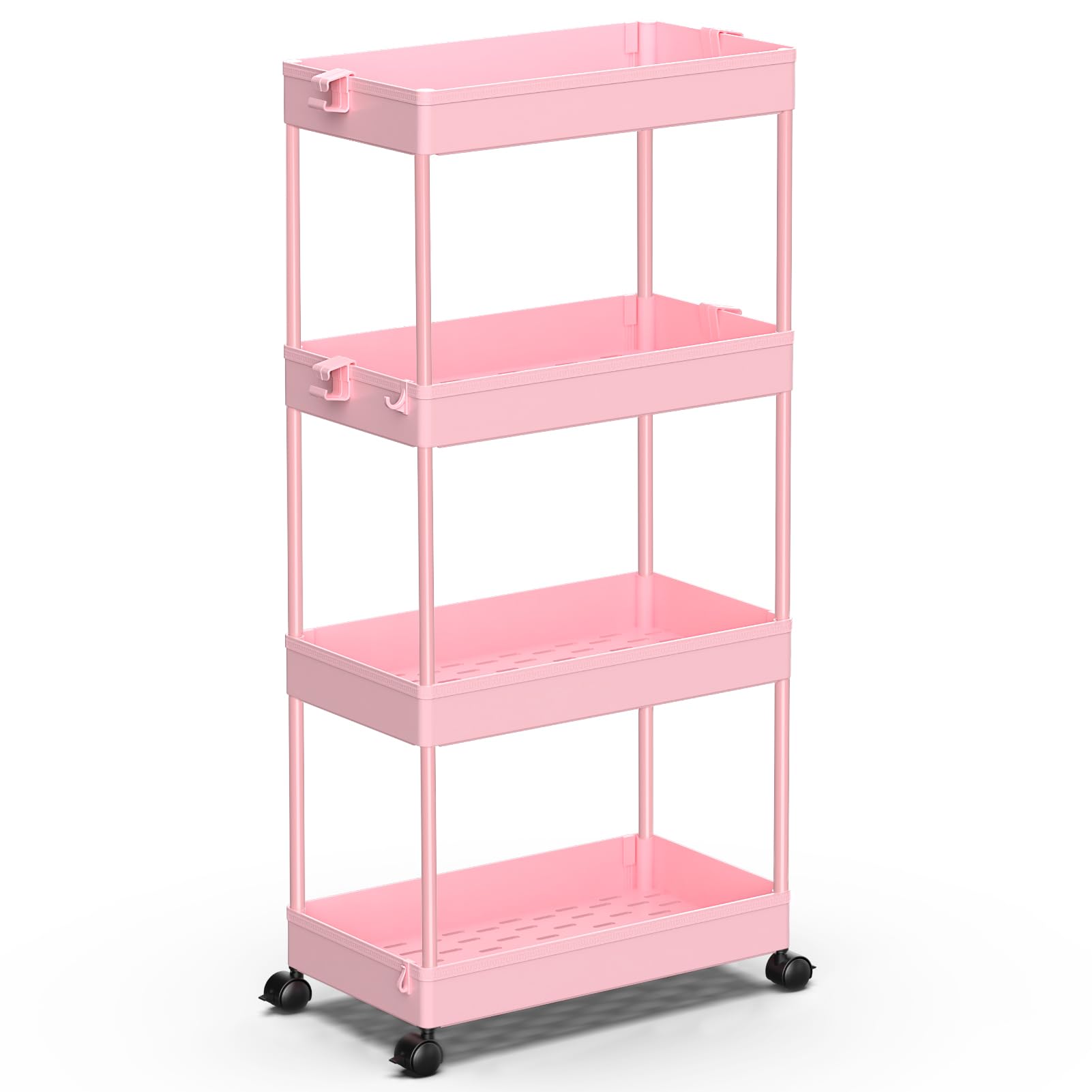 Spacekeeper Storage Cart 4-Tier, Bathroom Rolling Cart Utility Storage Organizer Shelf Mobile Shelving Unit For Kitchen Living Room Bathroom Laundry Room & Dressers, Pink