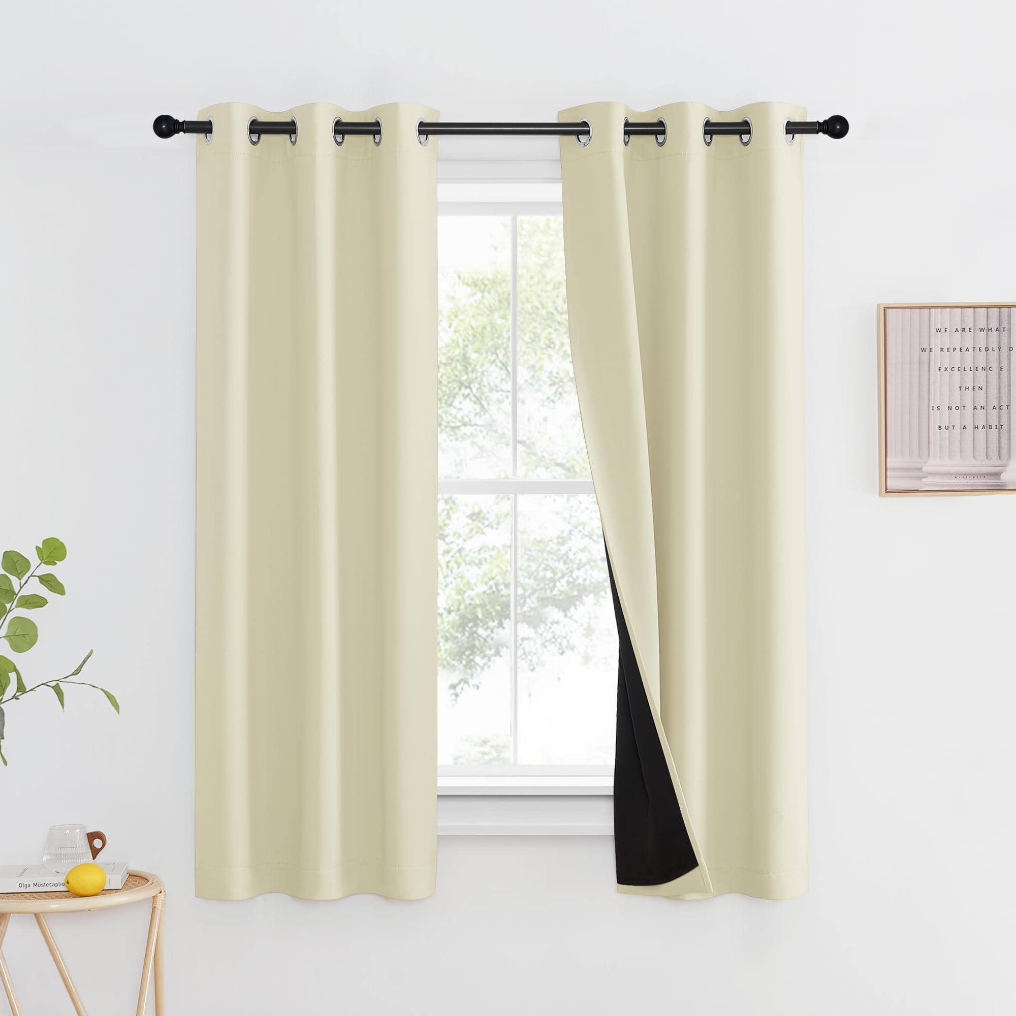 Nicetown Living Room Completely Shaded Draperies, Privacy Protection & Noise Reducing Ring Top Drapes, Black Lined Insulated Window Treatment Curtain Panels (Beige, 2 Pieces, W37 X L60)