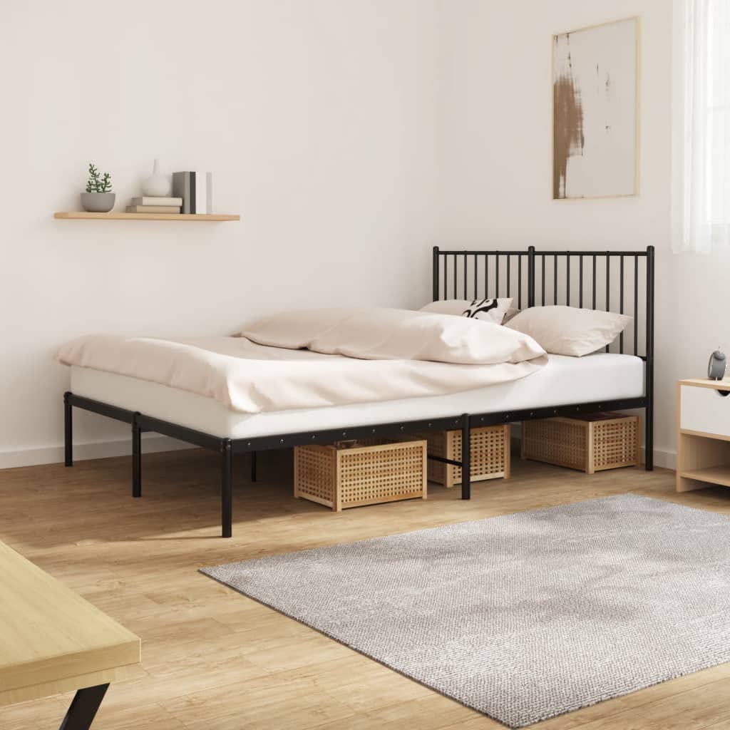 vidaXL Black Metal Bed Frame with Storage Space and Headboard, Sturdy Powder-Coated Steel, Ideal for 53.9"x74.8" Mattress, Provides Excellent Support, Easy Assembly