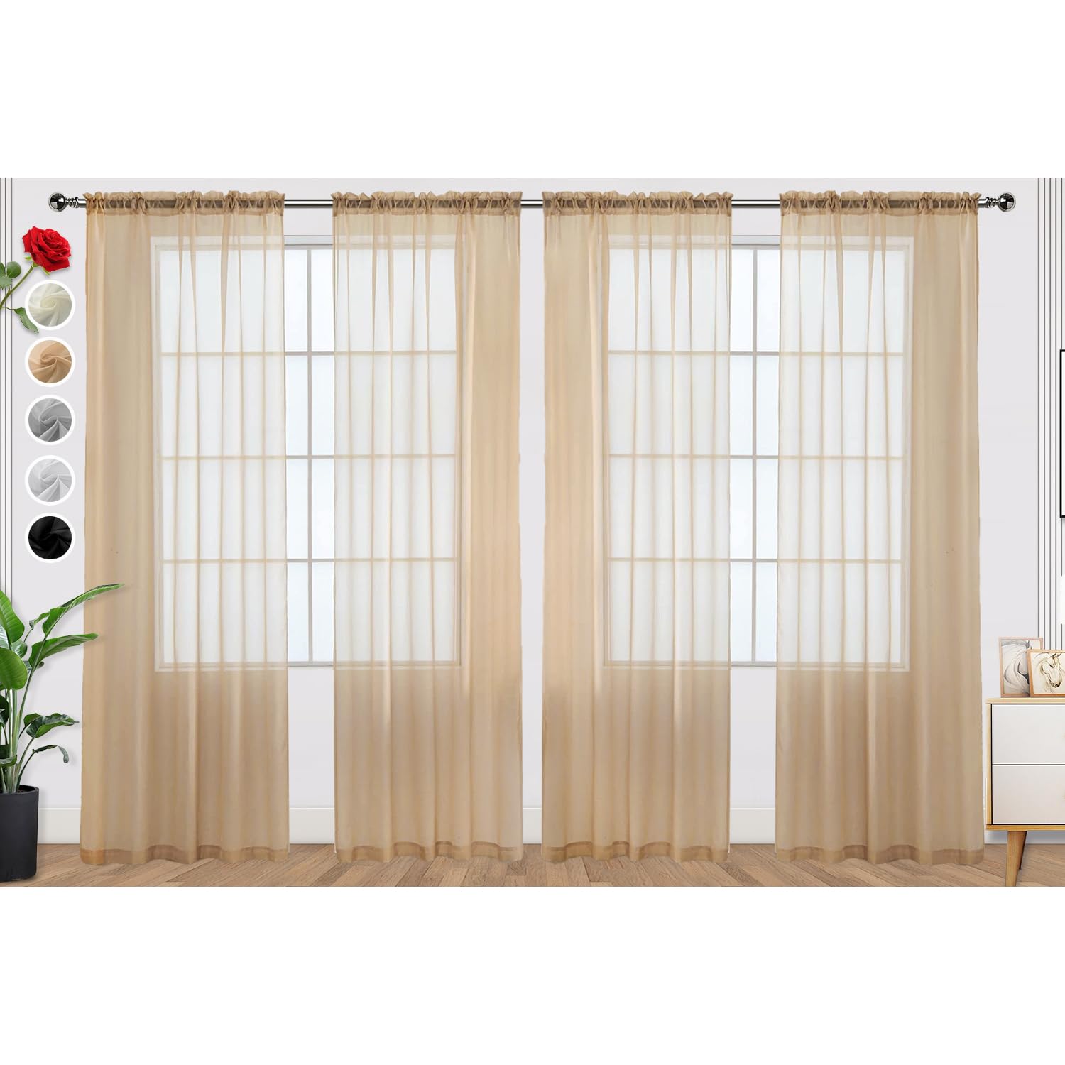 Spacedresser Beige Sheer Curtains 4 Panels Rod Pocket Semi-Sheer Curtain 45 Inches Long Light Filtering Voile Window Drapes For