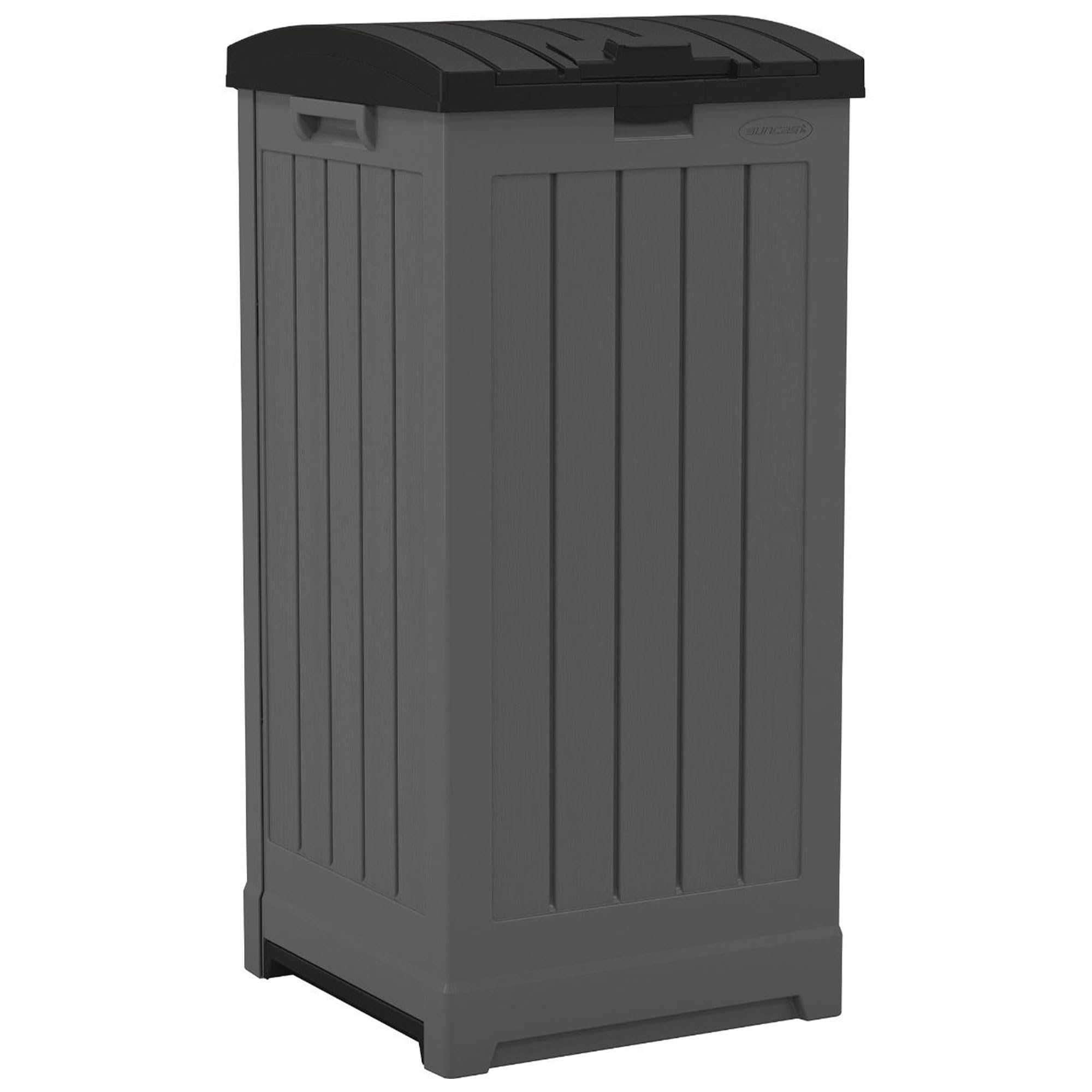 Suncast Trash Hideaway 39 Gallon Outdoor Trash Can Patio Or Deck Waste Bin With Latching Lid, Liquid Tray, Handles, And Trash Ba