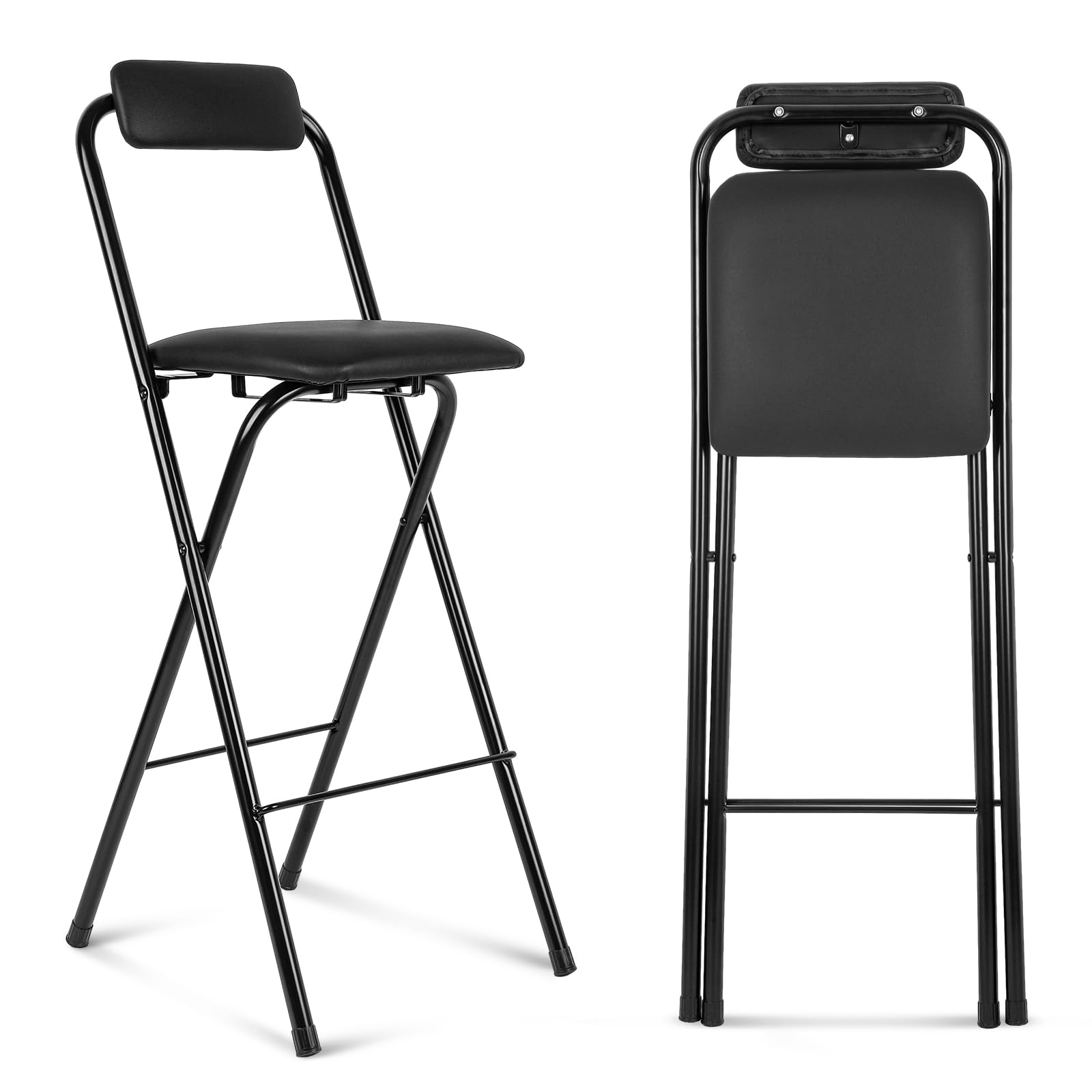 Thyle 1 Pcs Folding Bar Stool With Backrest, Tall Foldable Stool Chair Portable High Folding Bar Chair Counter Height Seat Leather Padded For Kitchen Island Shop Cafe Dining Room Black (27.5 Inch)
