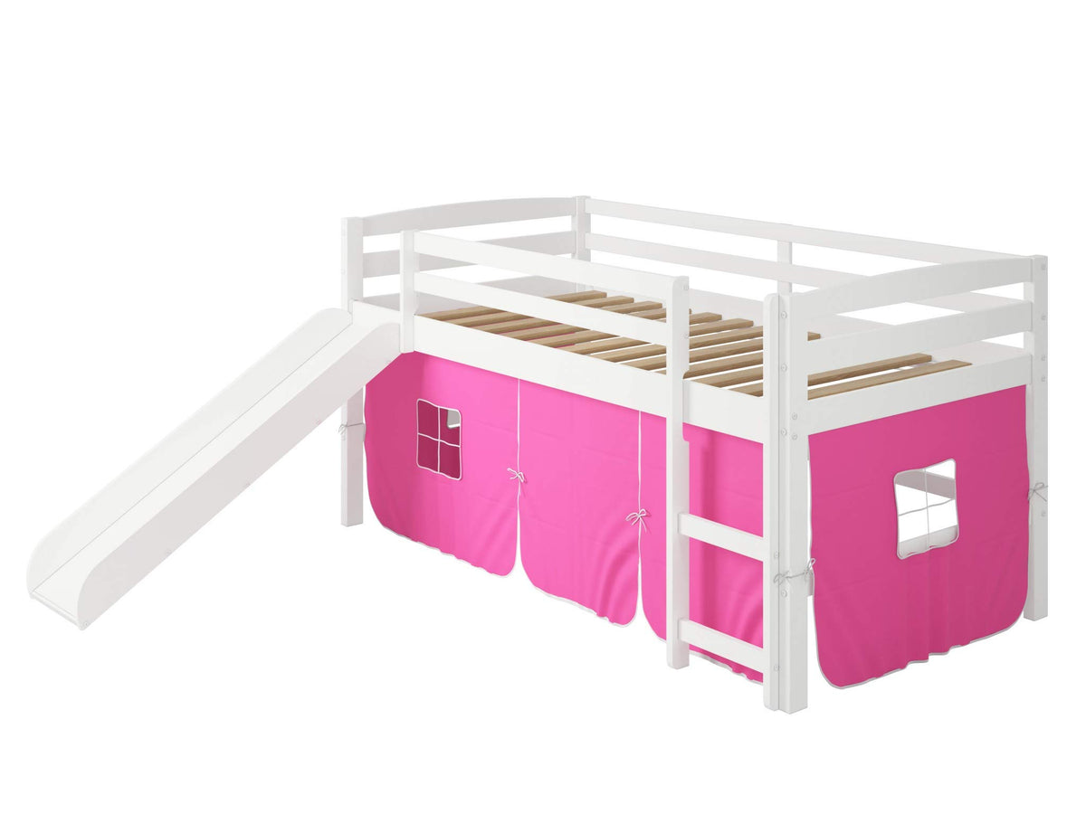 HomeRoots 41' X 81' X 46' White Solid Pine Pink Tent Loft Bed with Slide and Ladder