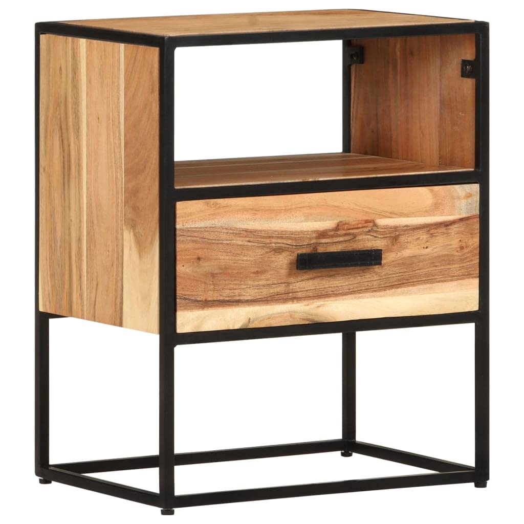 vidaXL Wooden Bed Cabinet with 1 Drawer and Compartment - Versatile Bedside Cabinet in Solid Acacia Wood, Black Iron Legs - Industrial Style Nightstand/Storage Unit