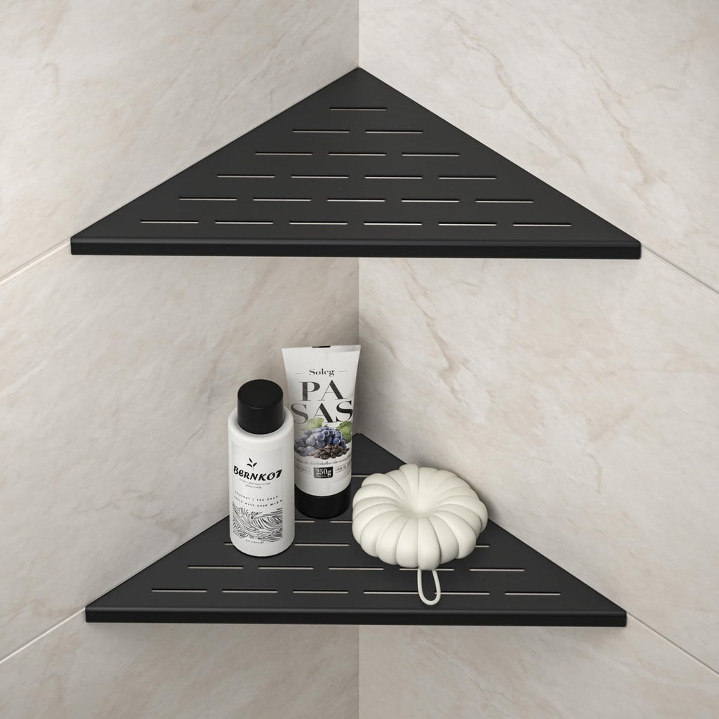 Bernkot Corner Shower Shelf, 12'' Matte Black 304 Stainless Steel Slot Design Recessed Corner Shelves 2 Pack Bathroom Shelf Rack