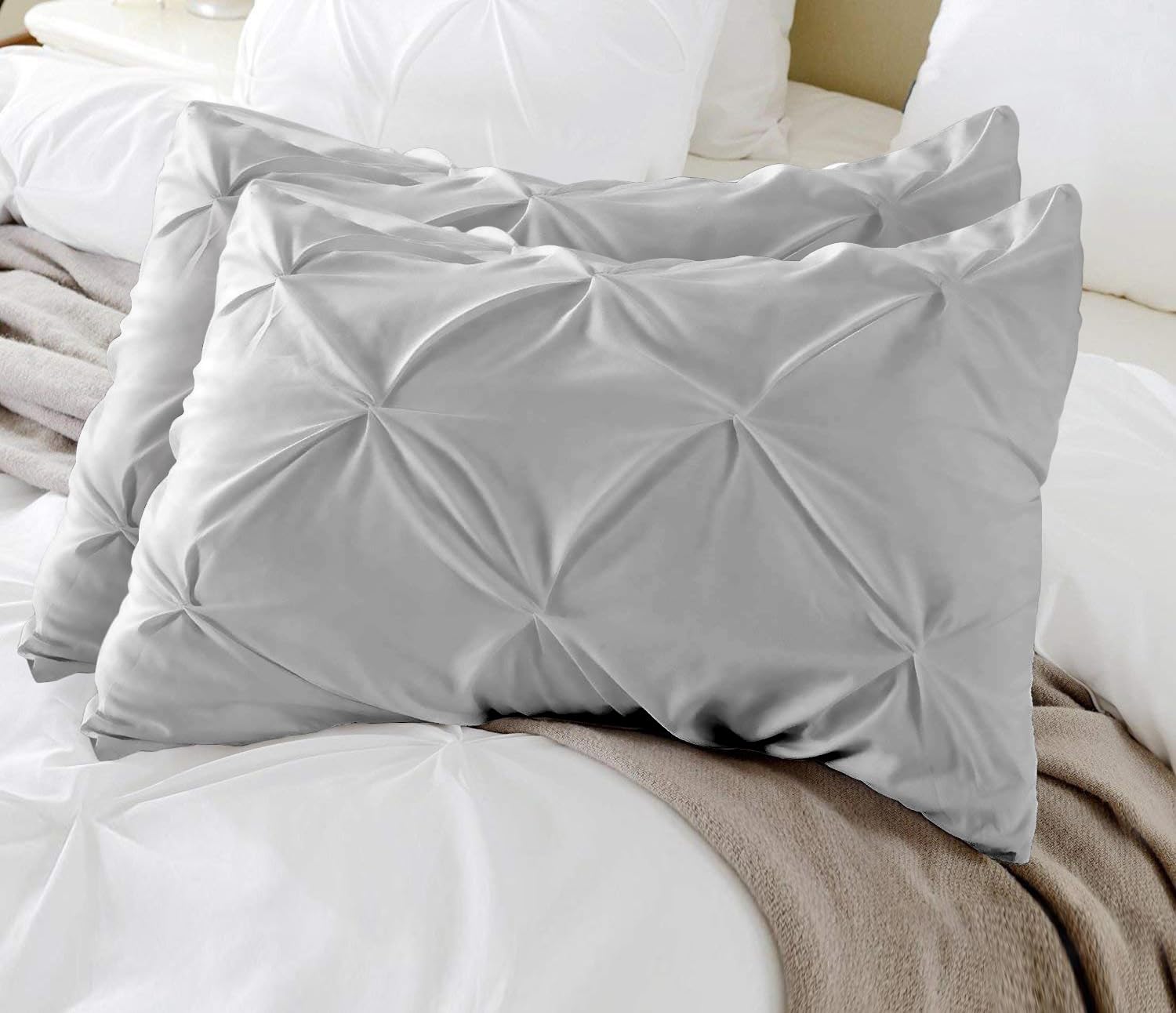 Queen Pillow Shams Set Of 2 Pinch Pleated Silver Grey Pillow Shams Queen Size 20X30 Pinch Pillow Covers 100% Egyptian Cotton 600