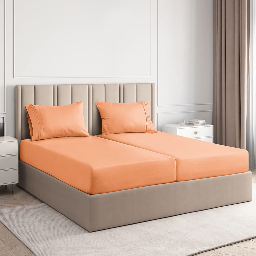 Split King Size 5 Piece Bedding Sheet Set - Breathable & Cooling - Hotel Luxury Bed Sheets Set - Easy Fit - Soft, Wrinkle Free & Comfy Peach Oeko-Tex Bedding Sheets - Deep Pockets 5 Piece Sheet Set
