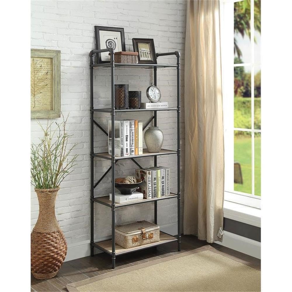 Acme Itzel 5 Wooden Tiers Rectangular Bookshelf in Antique Oak and Sandy Gray