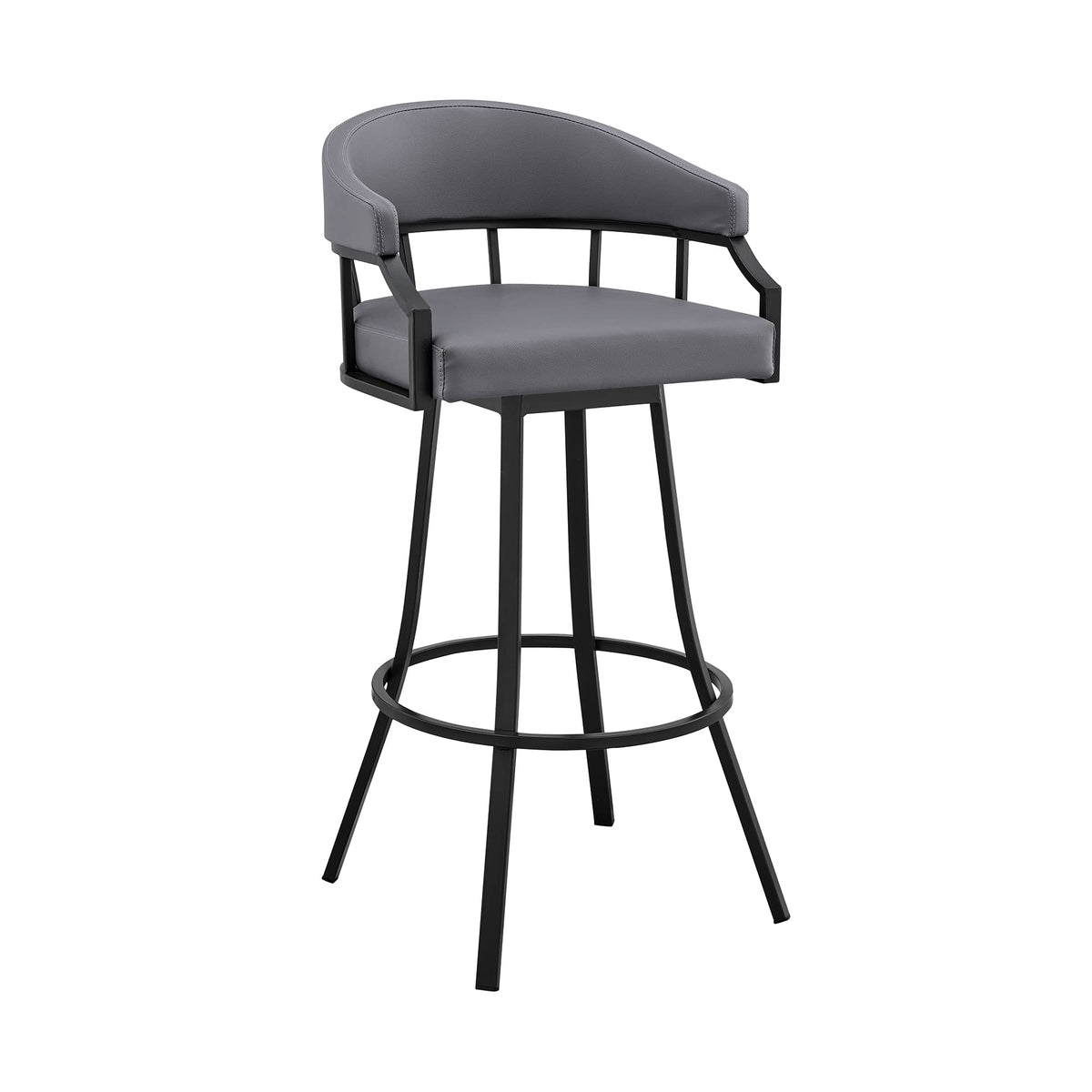 Armen Living Valerie Modern 26'' Seat Height Gray Faux Leather and Black Steel Metal Swivel Bar Stool for Kitchen Island Counter