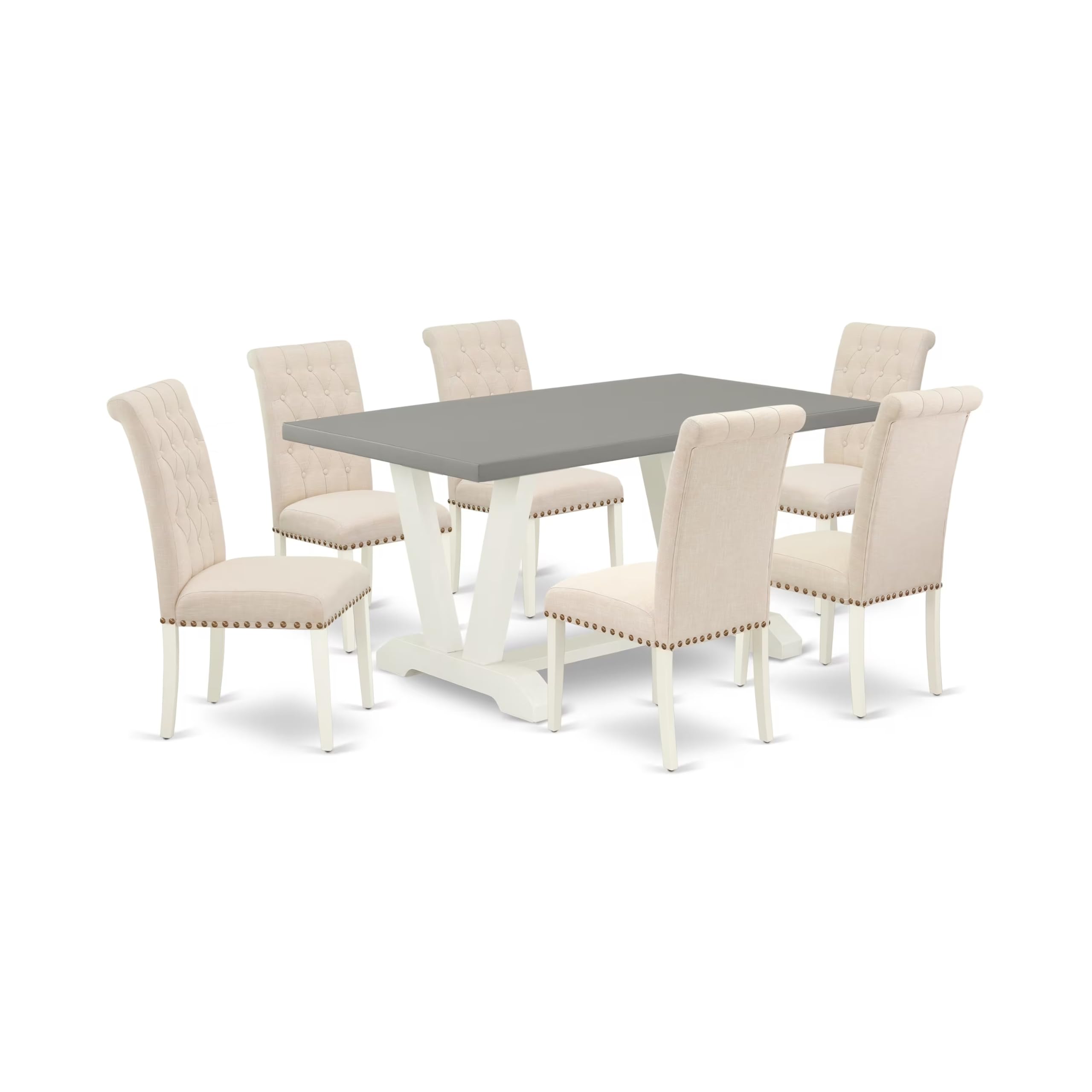 East West Furniture V096Br202-7 7 Piece Modern Dining Table Set Consist Of A Rectangle Wooden Table With V-Legs And 6 Light Beige Linen Fabric Parsons Dining Chairs, 36X60 Inch, Multi-Color
