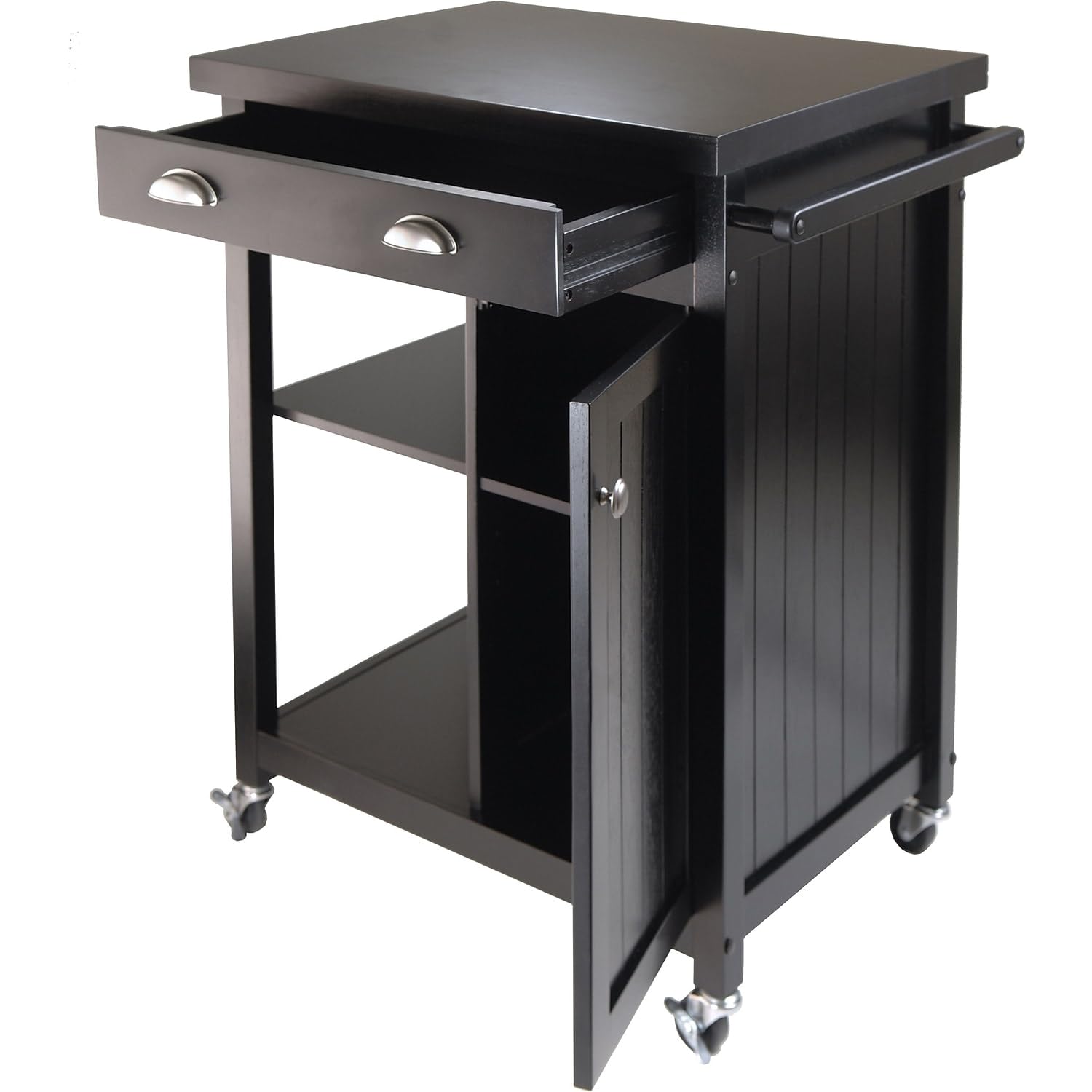 Winsome Timber Wood Kitchen Cart With Wainscot Panel, 1-Drawer, Black (20727)