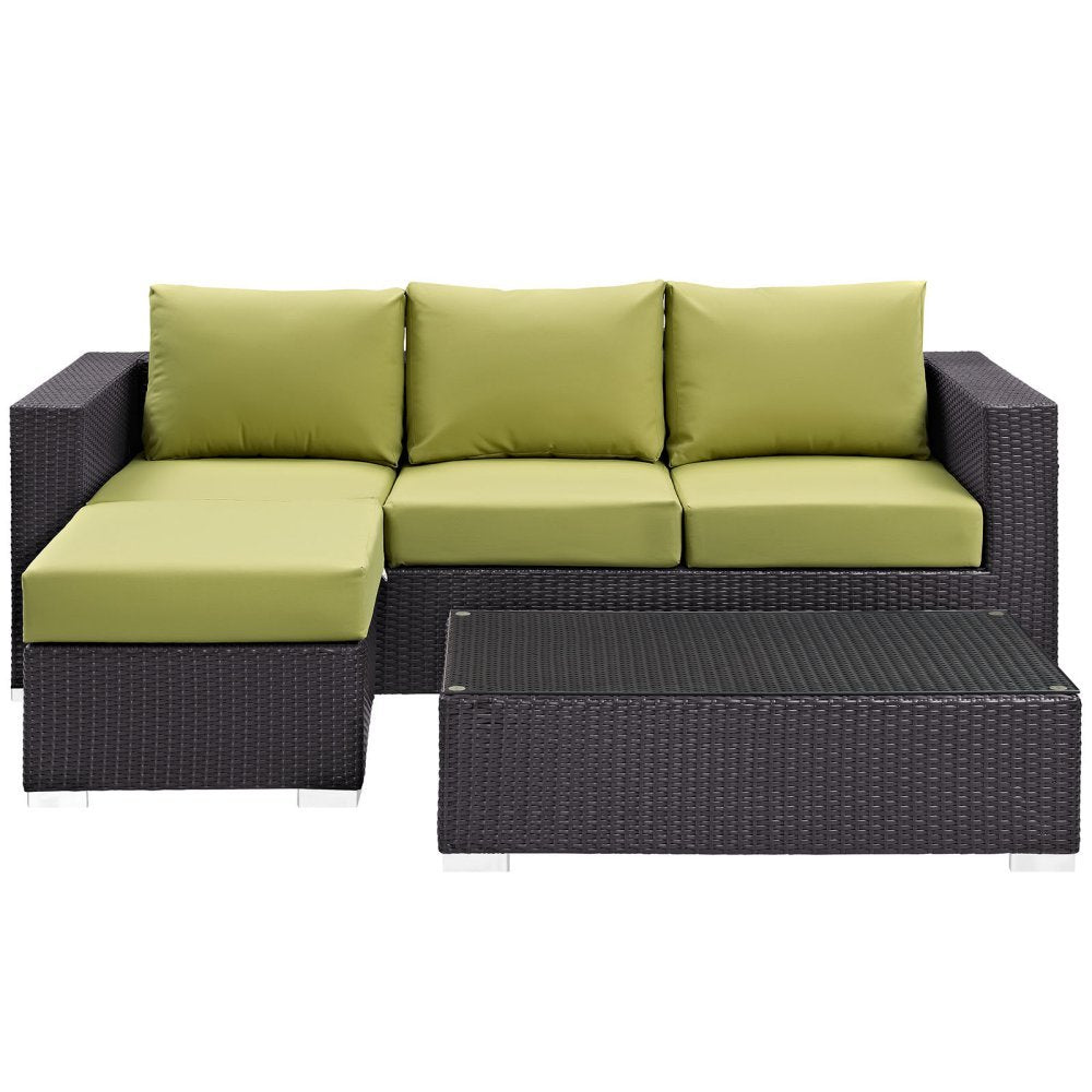 Modway Convene Wicker Rattan 3-Piece Outdoor Patio Furniture Sofa Set In Espresso Peridot