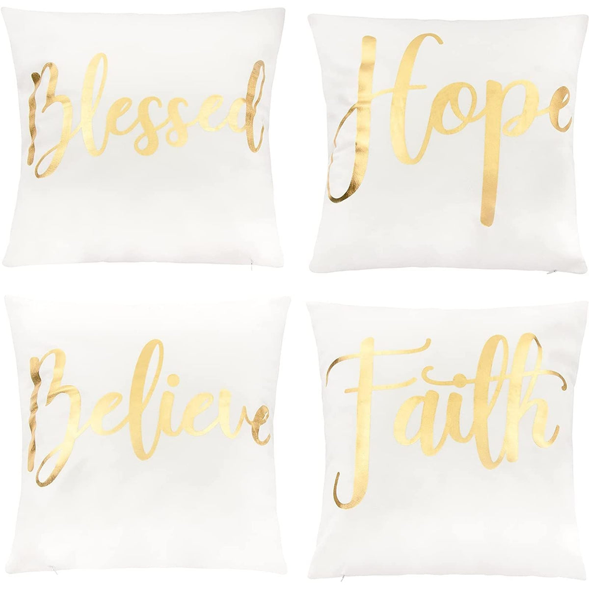 Juvale White Throw Pillow Covers, Blessed, Hope, Believe, And Faith (18 X 18 In, 4 Pack)