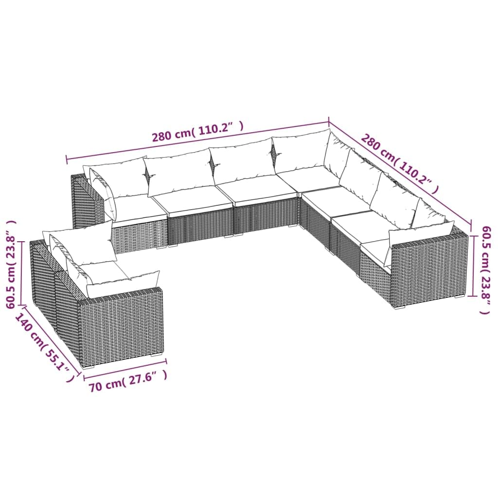 vidaXL - 9 Piece Patio Lounge Set with Cushions in Black Poly Rattan, Featuring Modular Design, Weather-Resistant Material, Comfortable Seating with Thick Padded Cushions