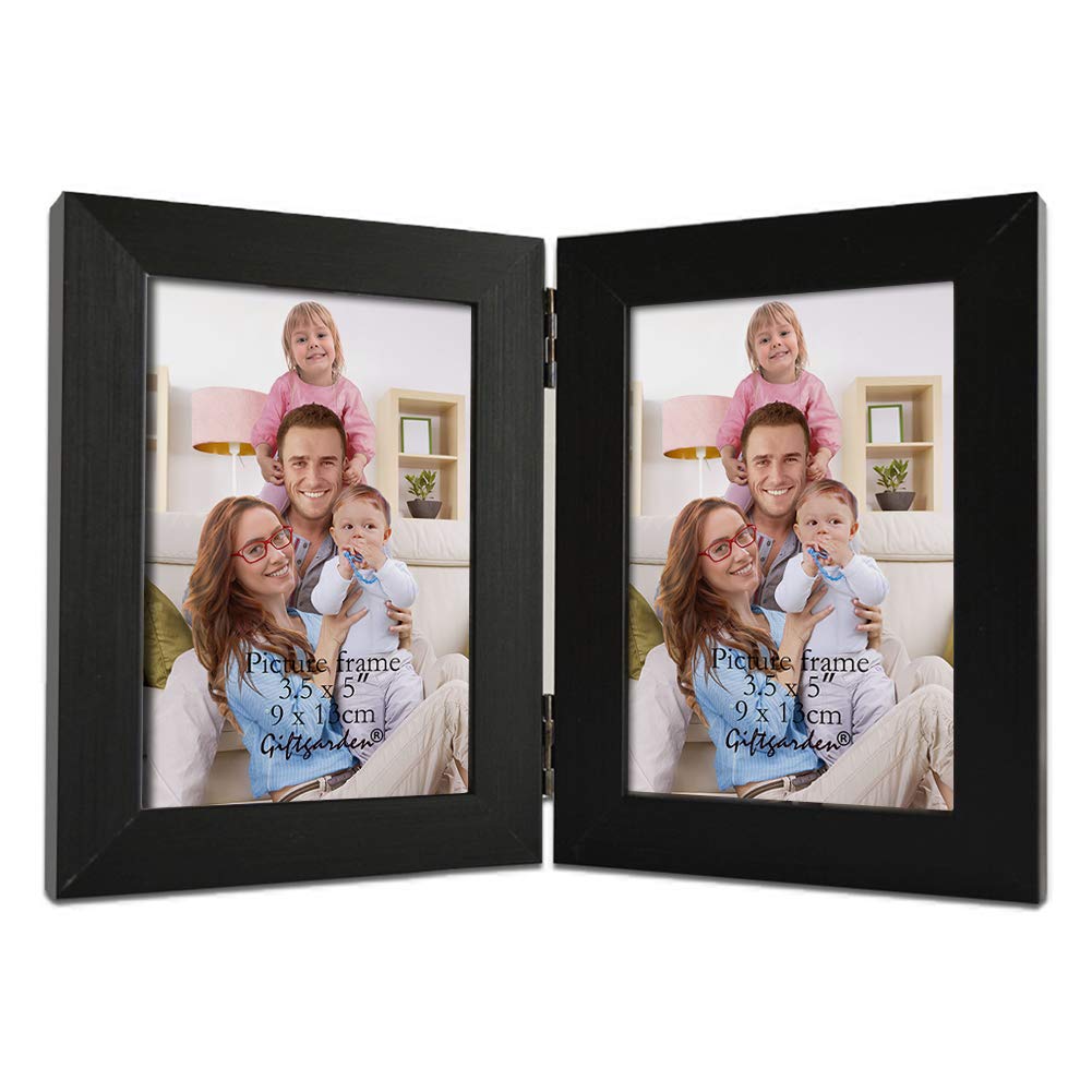 Giftgarden 3.5x5 Double Picture Frame with Clear Glass Display 3.5 by 5 Photo, Hinged Folding Frames for Tabletop, Black