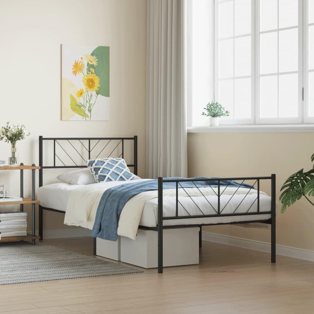 vidaXL Sturdy Metal Bed Frame with Headboard, Footboard and Support Slats, Extra Storage Space, Black - Mattress Not Included