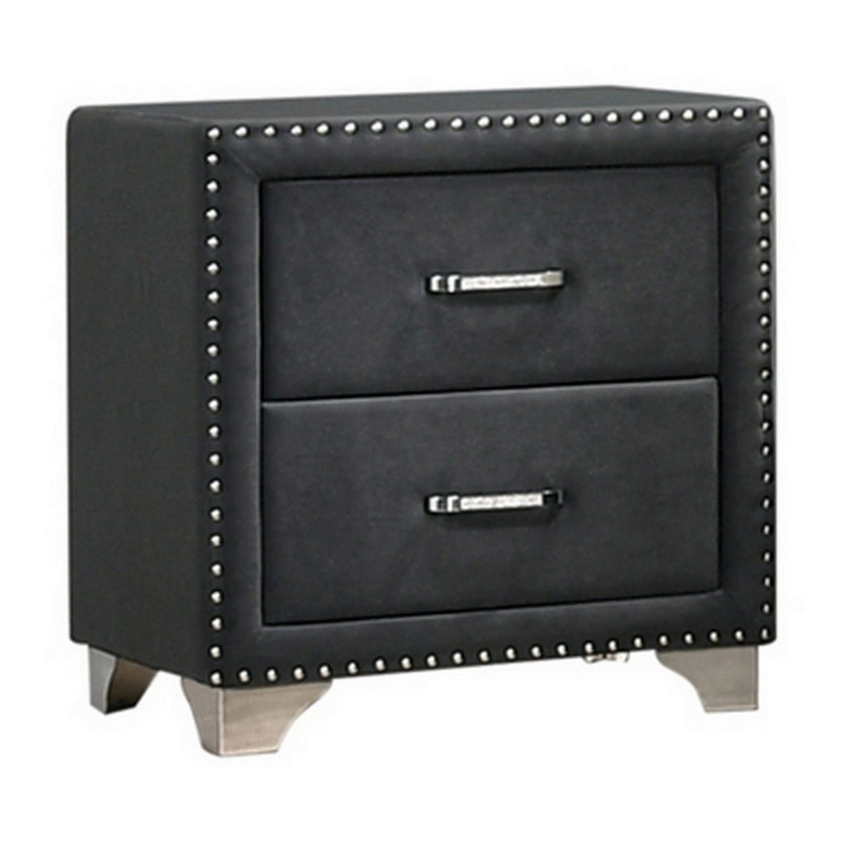 Benjara Cale 26 Inch Modern Glam Wood Nightstand, Nailhead, Velvet Upholstered, Gray and Chrome