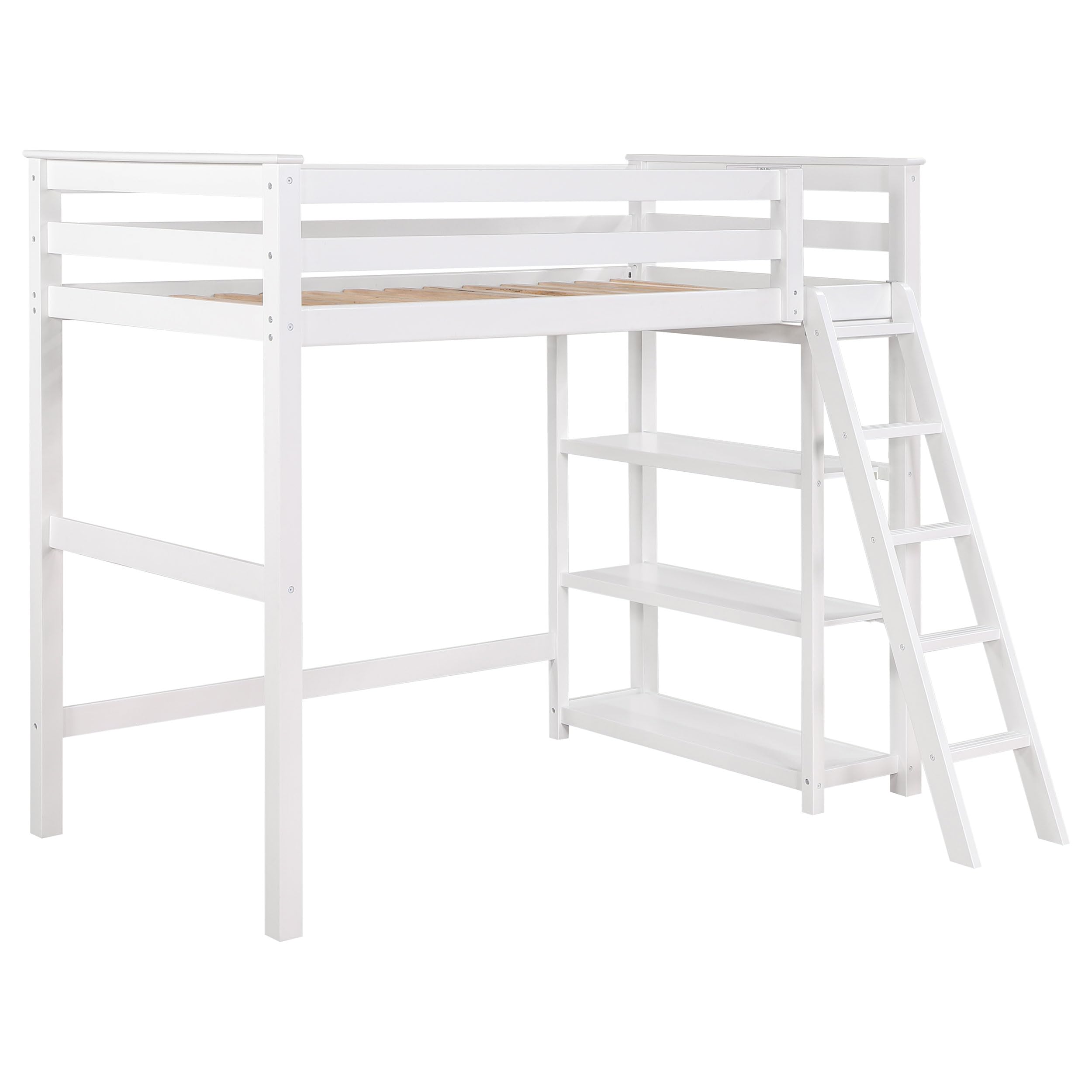 Coaster Home Furnishings Anica Transitional Wood Twin Size Loft Bed Frame With Ladder And Guardrails Fully Slatted Mattress Ready Foundation White 460089