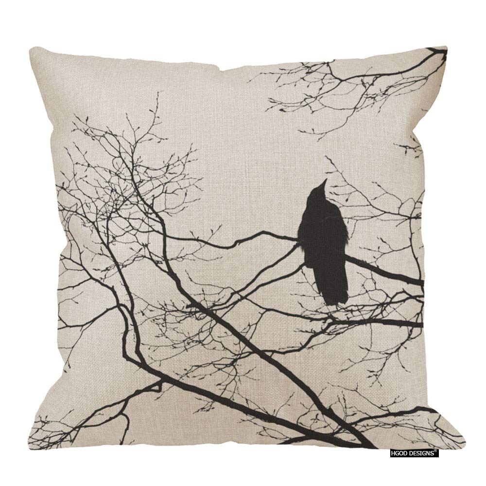 Hgod Designs Modern Cushion Cover Gothic Raven On A Tree Branch Pillow Case Black White (Bird) 18 X 18 Inch