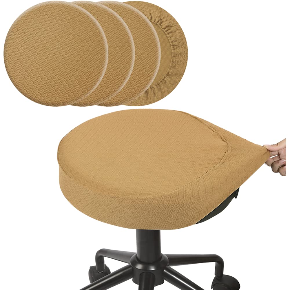 Buyue 4 Pcs Bar Stool Covers, Luxury Fabric Dia.14-16' Round Stretchy Crease-Resistant Washable Jacquard Dustproof Stool Seat Slipcover, M-Ocher-Set Of 4