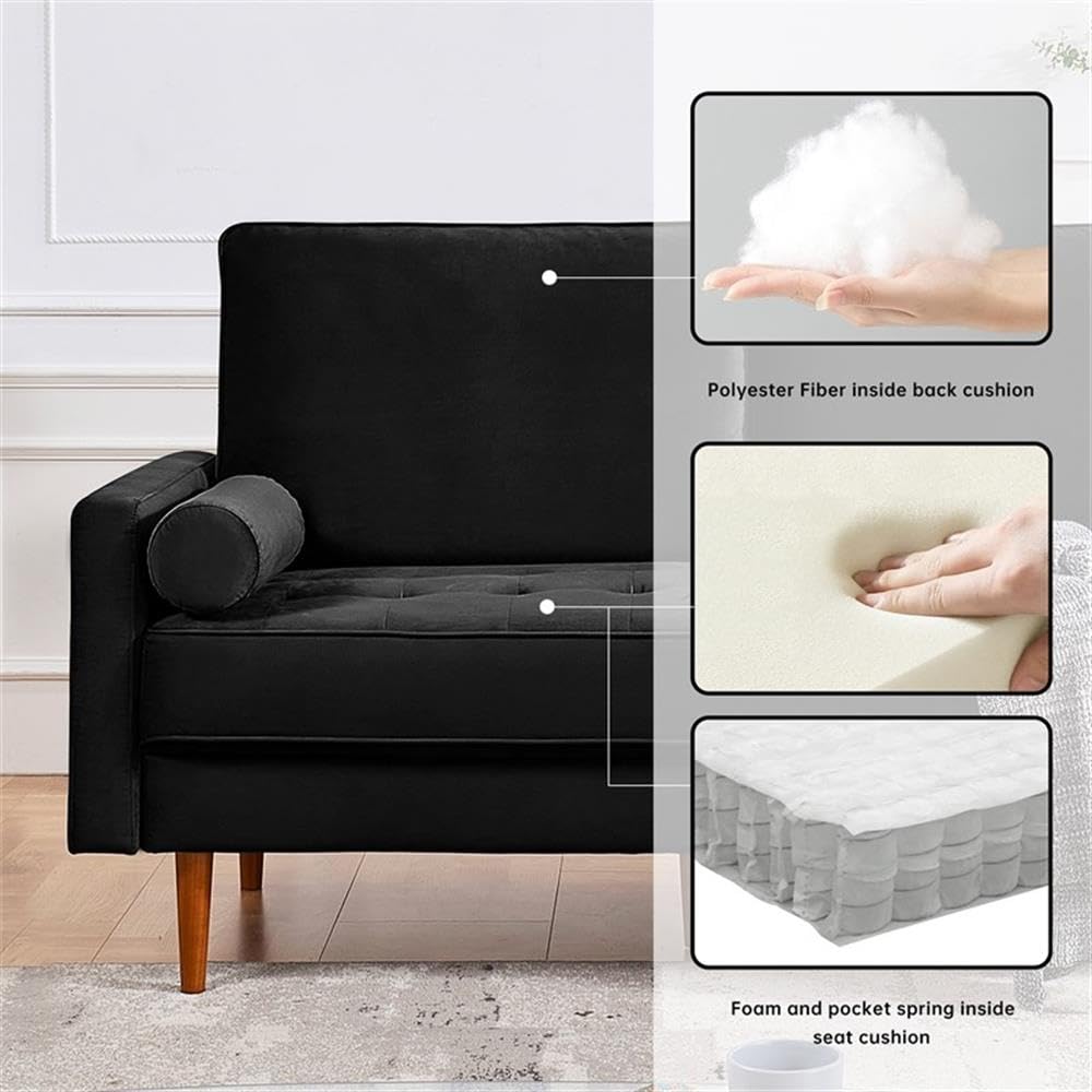 American Furniture Classics Black 57 Inch Wide Upholstered Two Cushion Loveseat with Bolster Pillows Velvet, 57" x 32" x 37"