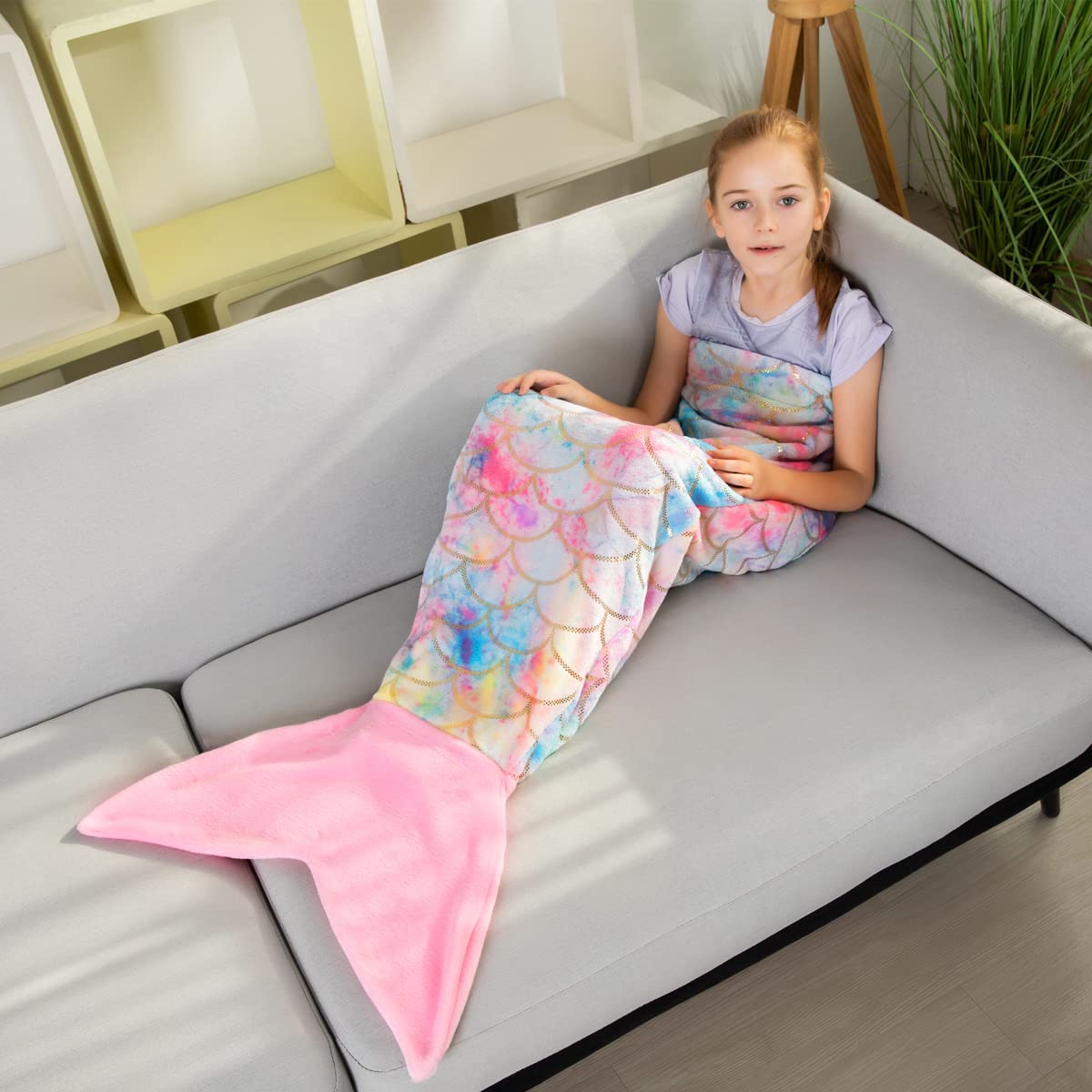 Mermaid Tail Blankets Glittering Wearable Cute Cozy Soft Flannel Rainbow Colorful For Girls Lover All Season On Sofa Bed