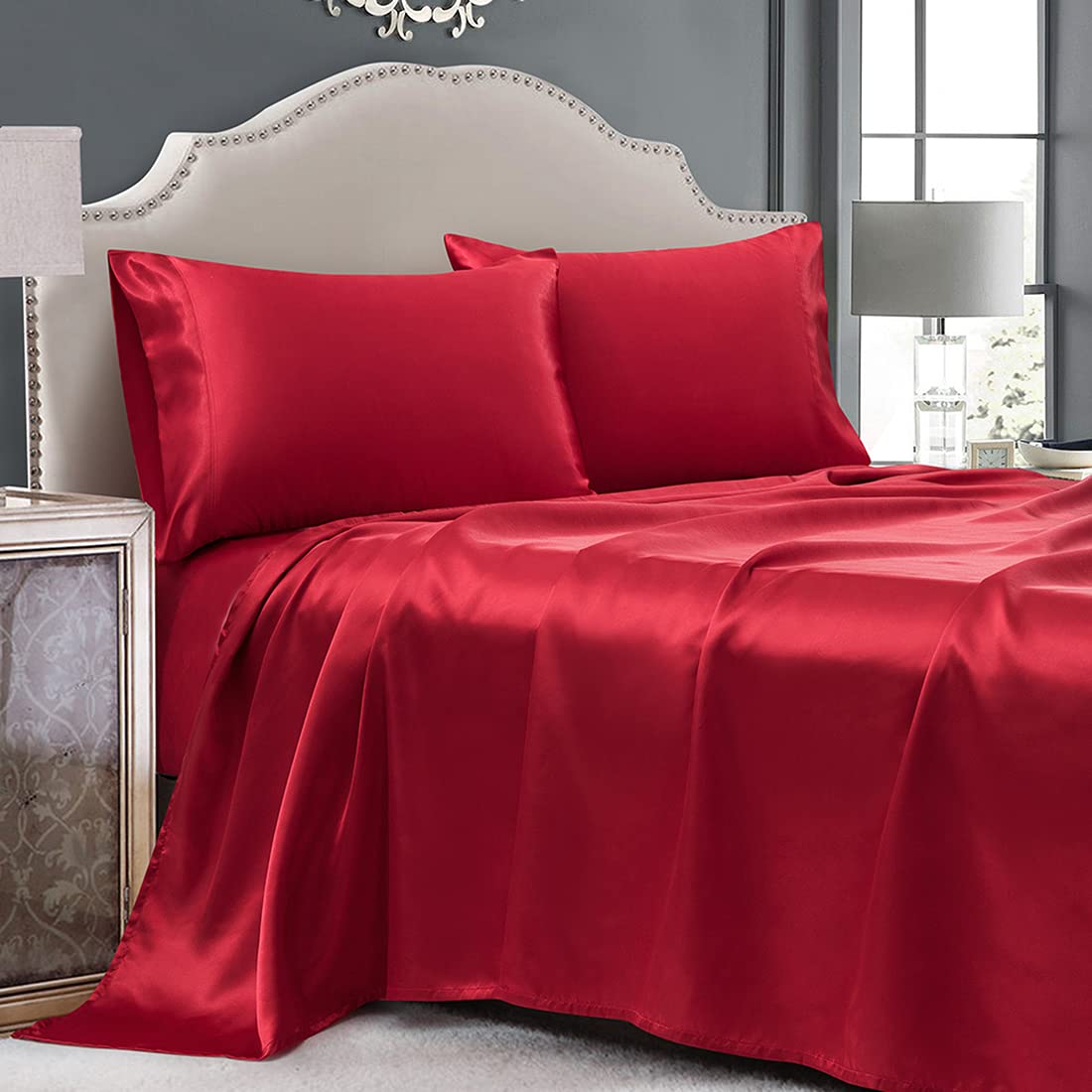 Cobedzy 4 Pieces Red Satin Sheets Full Size Bed Set, Luxury Silky Satin Bedding Sheets Set With 1 Deep Pocket Fitted Sheet, 1 So