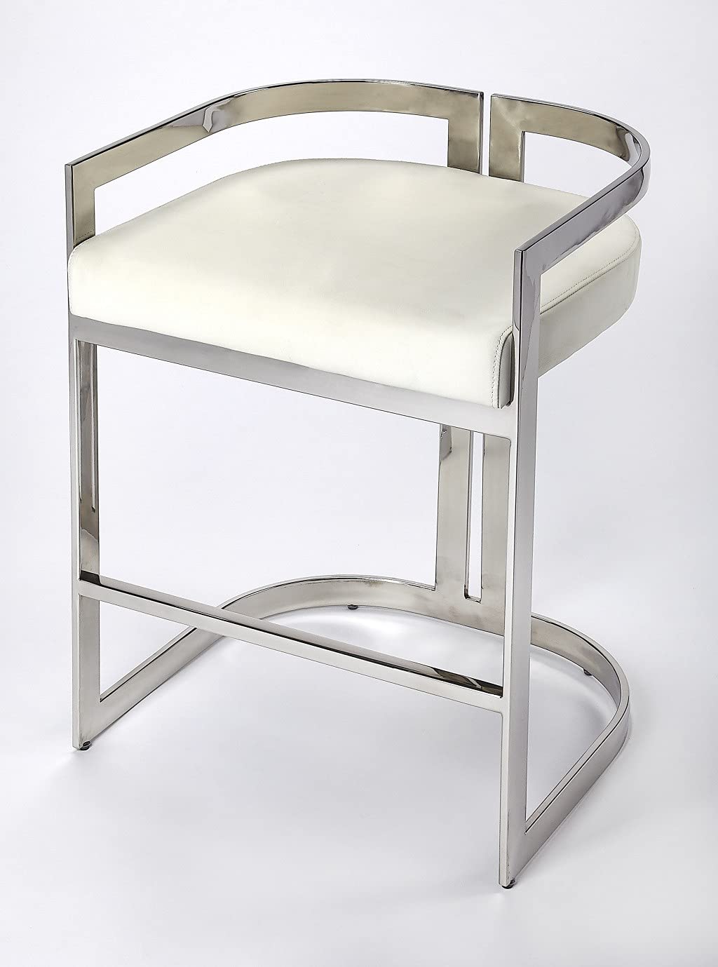 HomeRoots Silver Stainless Steel; White, Faux Leather Nickel Plated White Faux Leather Counter Stool