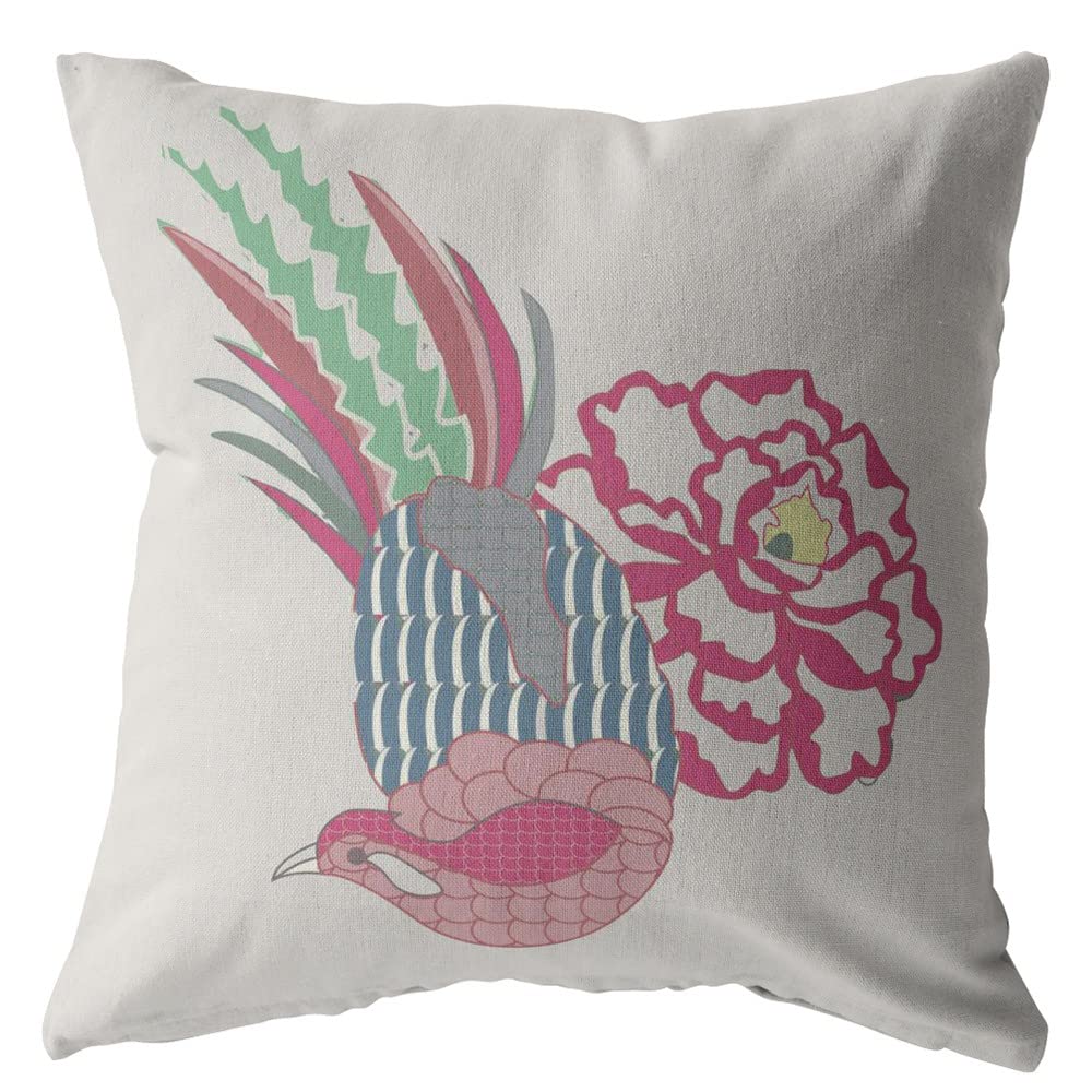 HomeRoots Pink On White 20â€ Pink White Peacock Suede Throw Pillow