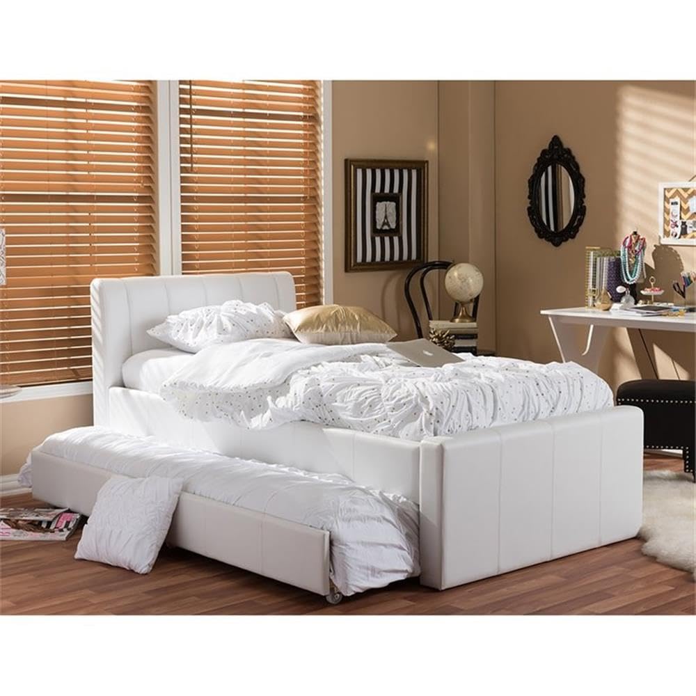 Baxton Studio Cosmo Modern and Contemporary Black Faux Leather Trundle Bed, Twin, White