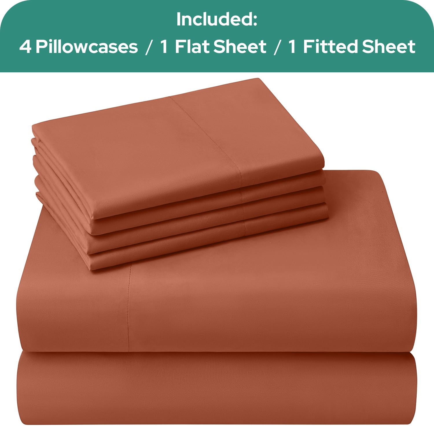 Homeideas Queen Size Terracotta Bed Sheets - 6 Piece Set (Burnt Orange) - Extra Soft Brushed Microfiber 1800 Bedding Rust Sheets, Deep Pocket, Wrinkle & Fade Free
